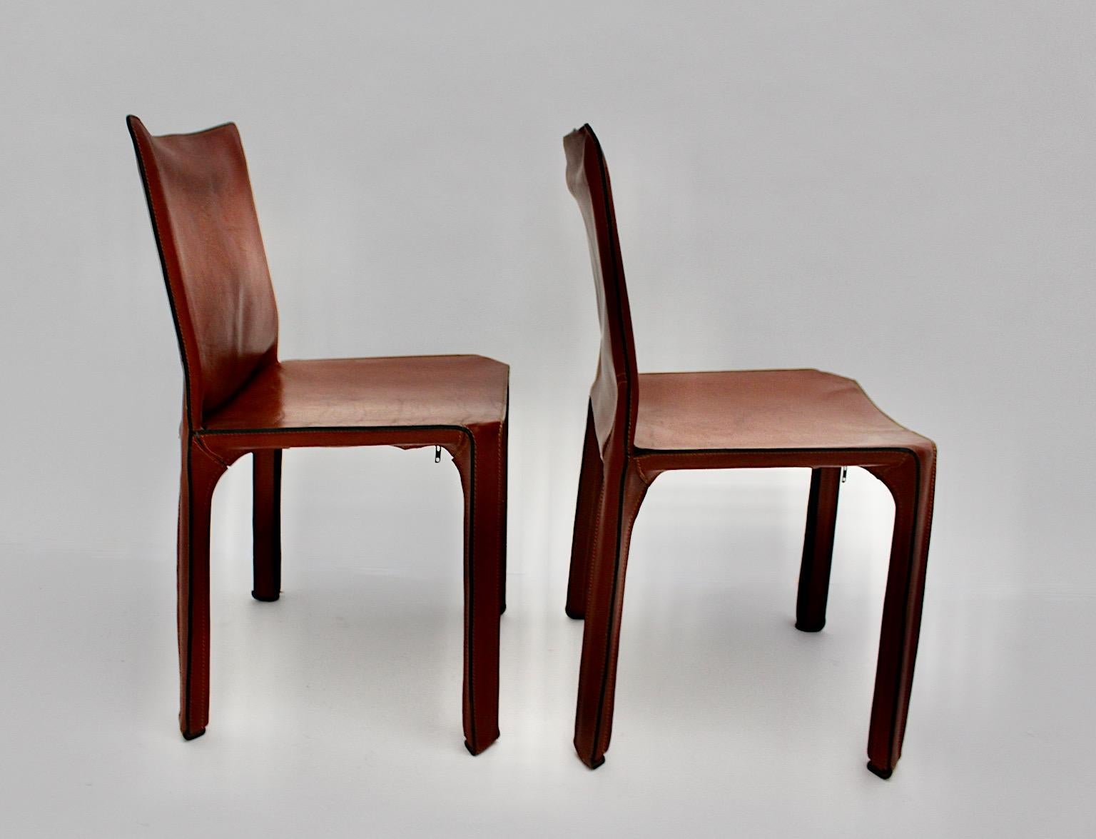 Mario Bellini Vintage CAB 412 Duo Two Dining Chairs Brown Leather, Italy, 1970s For Sale 8