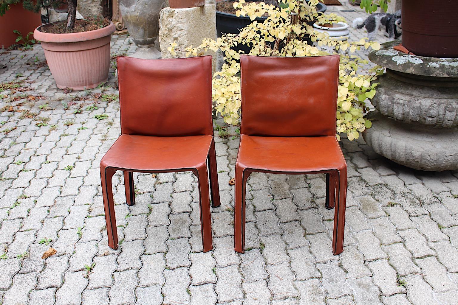 Modern Mario Bellini Vintage CAB 412 Duo Two Dining Chairs Brown Leather, Italy, 1970s For Sale