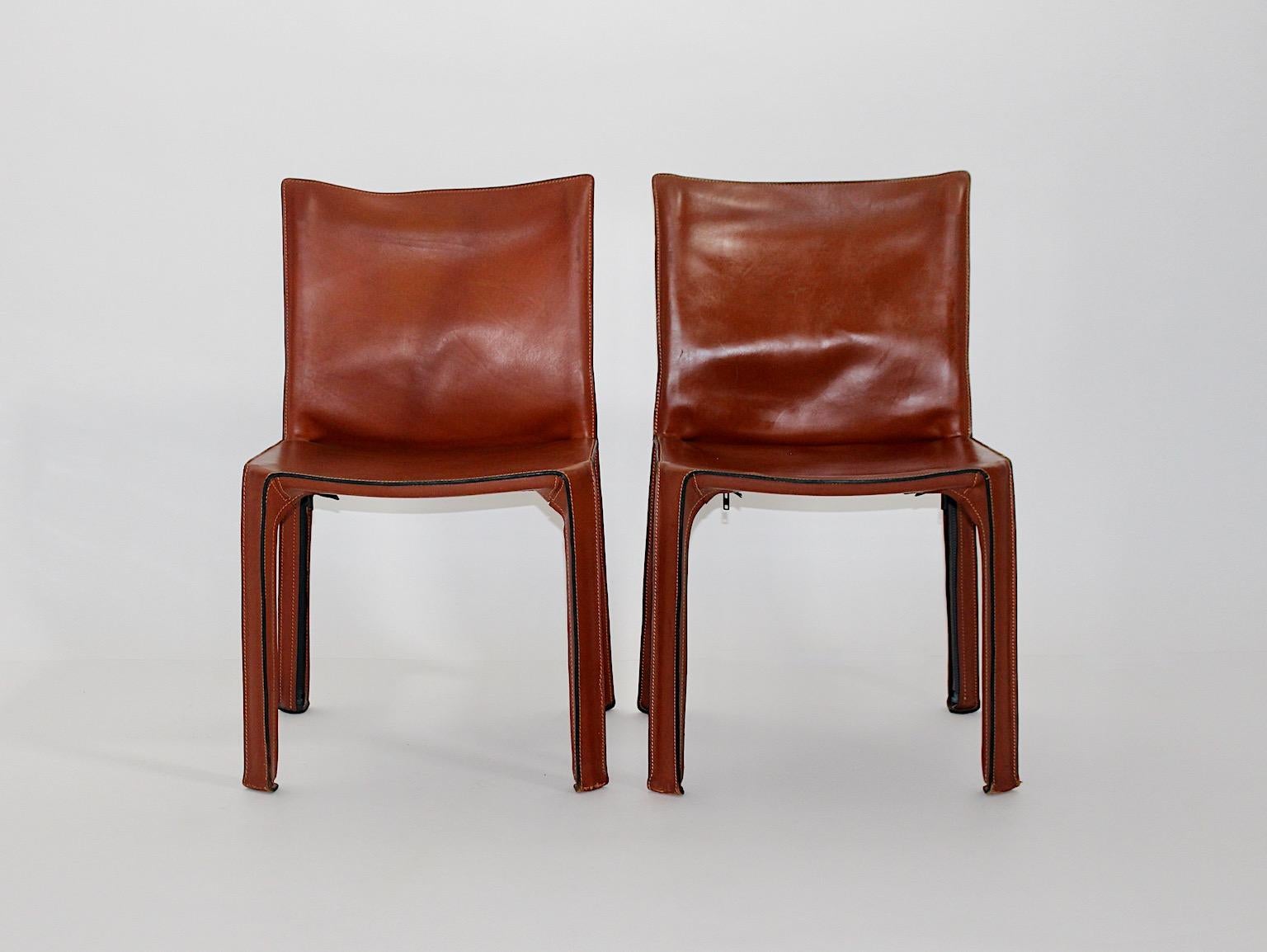 Mario Bellini Vintage CAB 412 Duo Two Dining Chairs Brown Leather, Italy, 1970s In Good Condition For Sale In Vienna, AT
