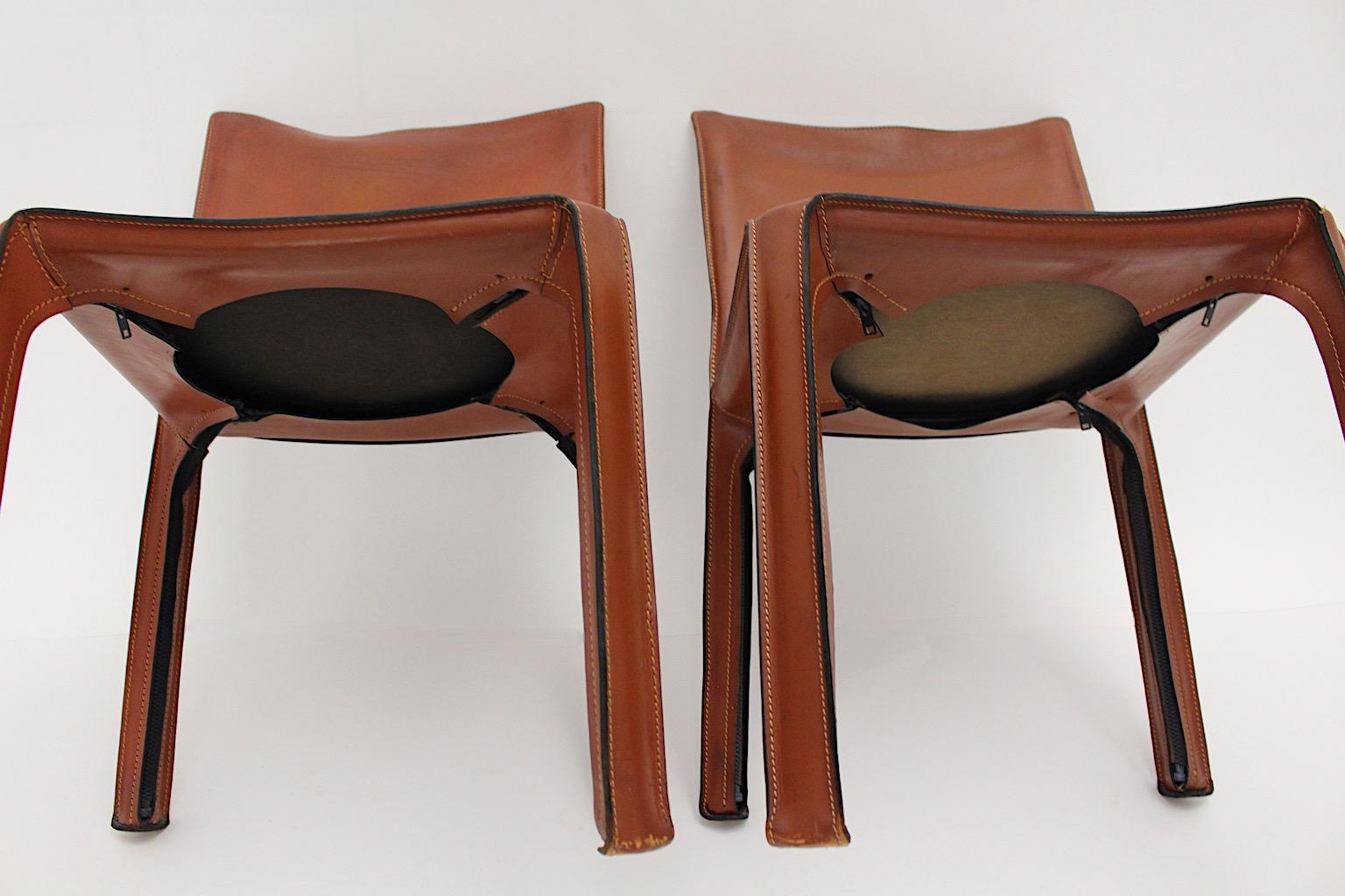 Mario Bellini Vintage CAB 412 Duo Two Dining Chairs Brown Leather, Italy, 1970s For Sale 1