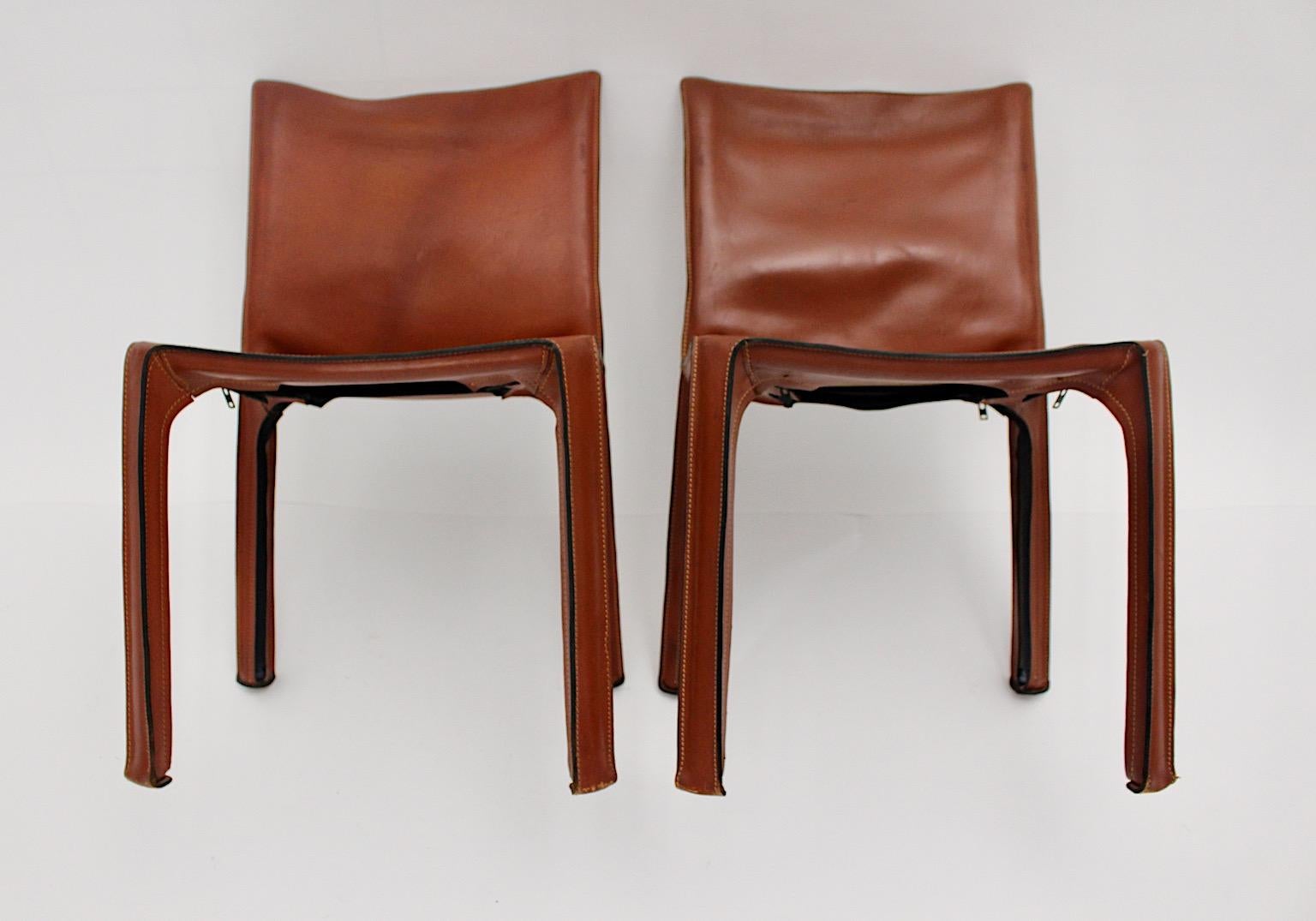 Mario Bellini Vintage CAB 412 Duo Two Dining Chairs Brown Leather, Italy, 1970s For Sale 3