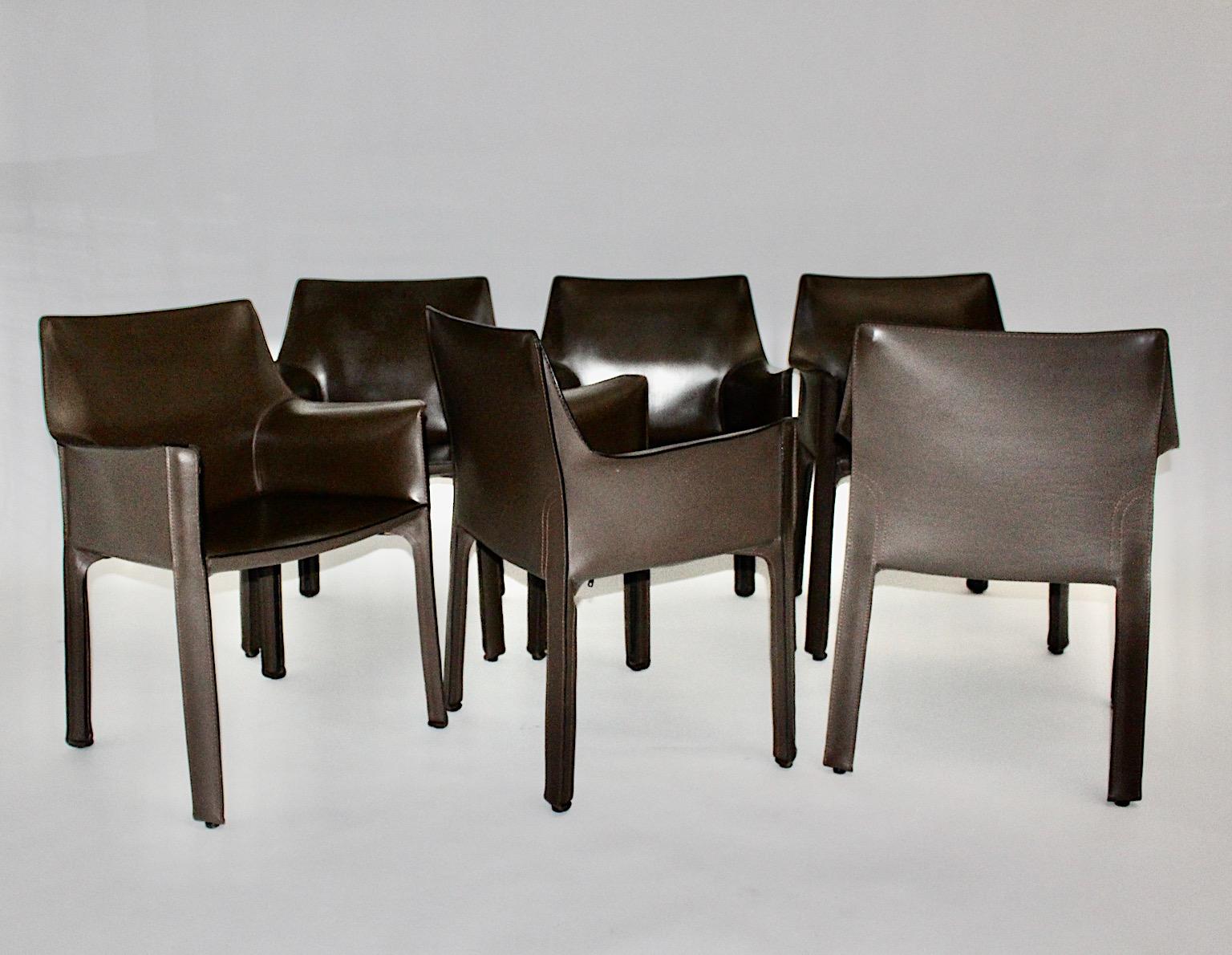 Modern Mario Bellini Vintage Chocolate Brown Leather Dining Chairs Cassina 1970s Italy For Sale