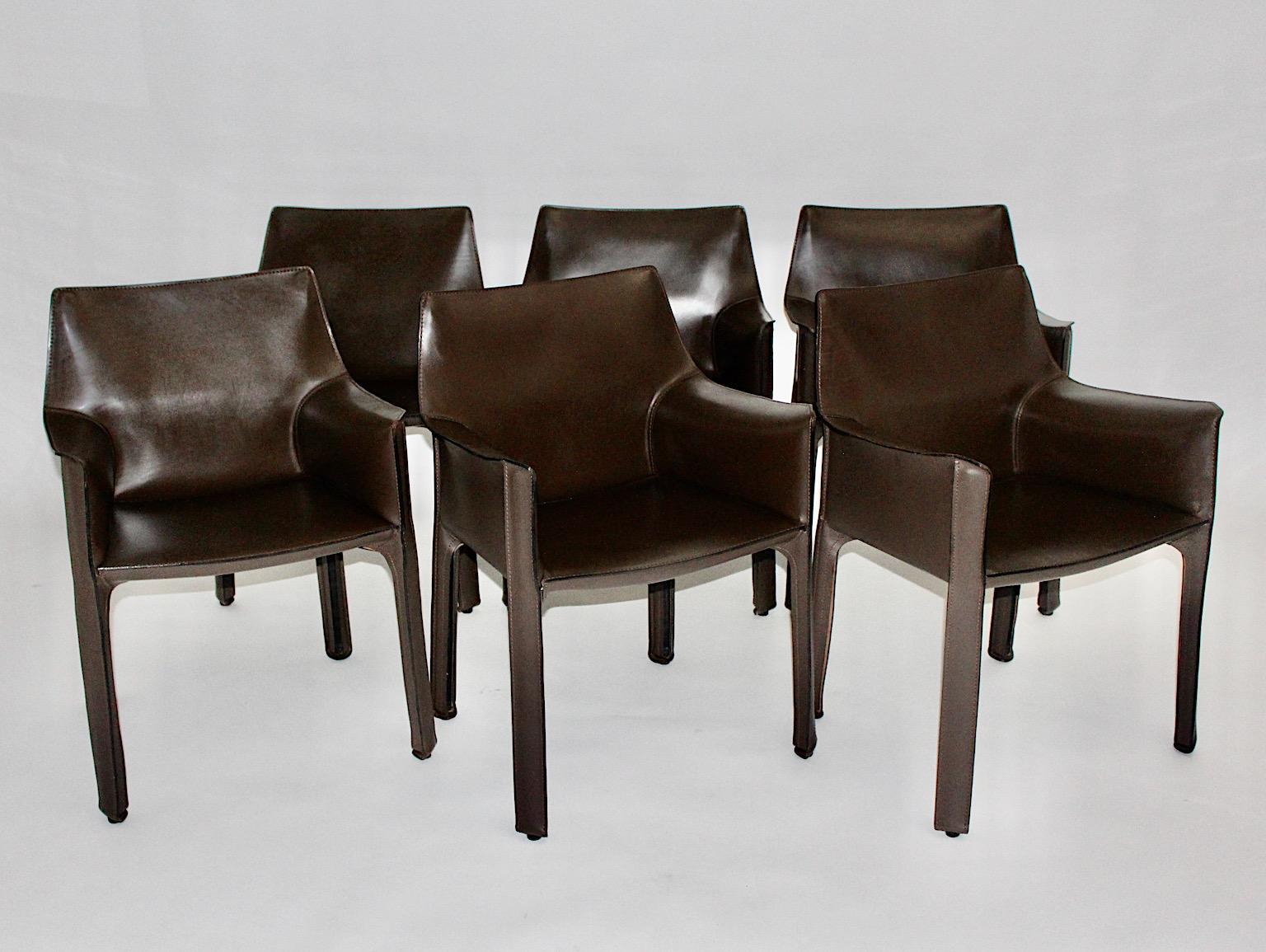 Italian Mario Bellini Vintage Chocolate Brown Leather Dining Chairs Cassina 1970s Italy For Sale
