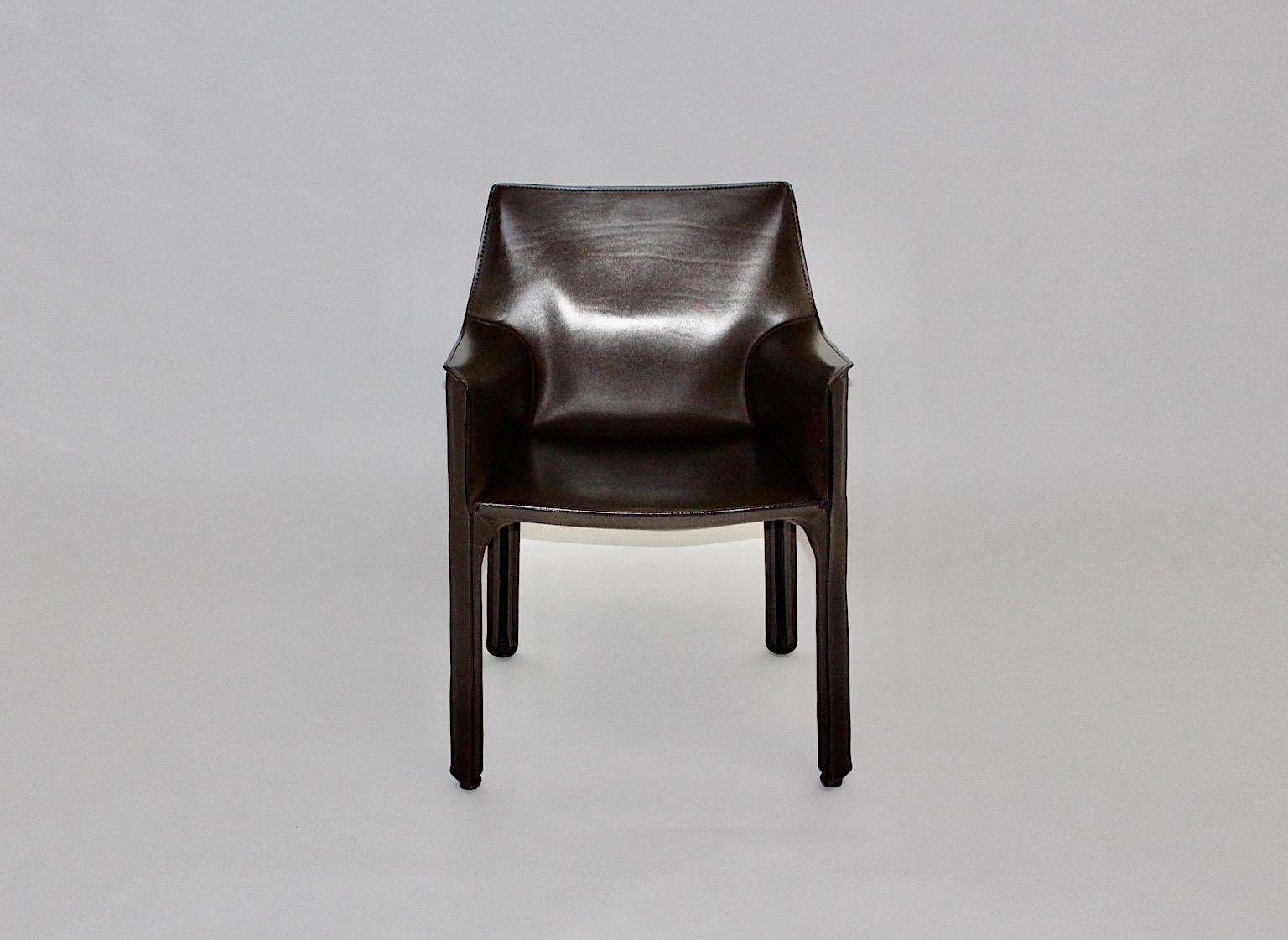 Metal Mario Bellini Vintage Chocolate Brown Leather Dining Chairs Cassina 1970s Italy For Sale