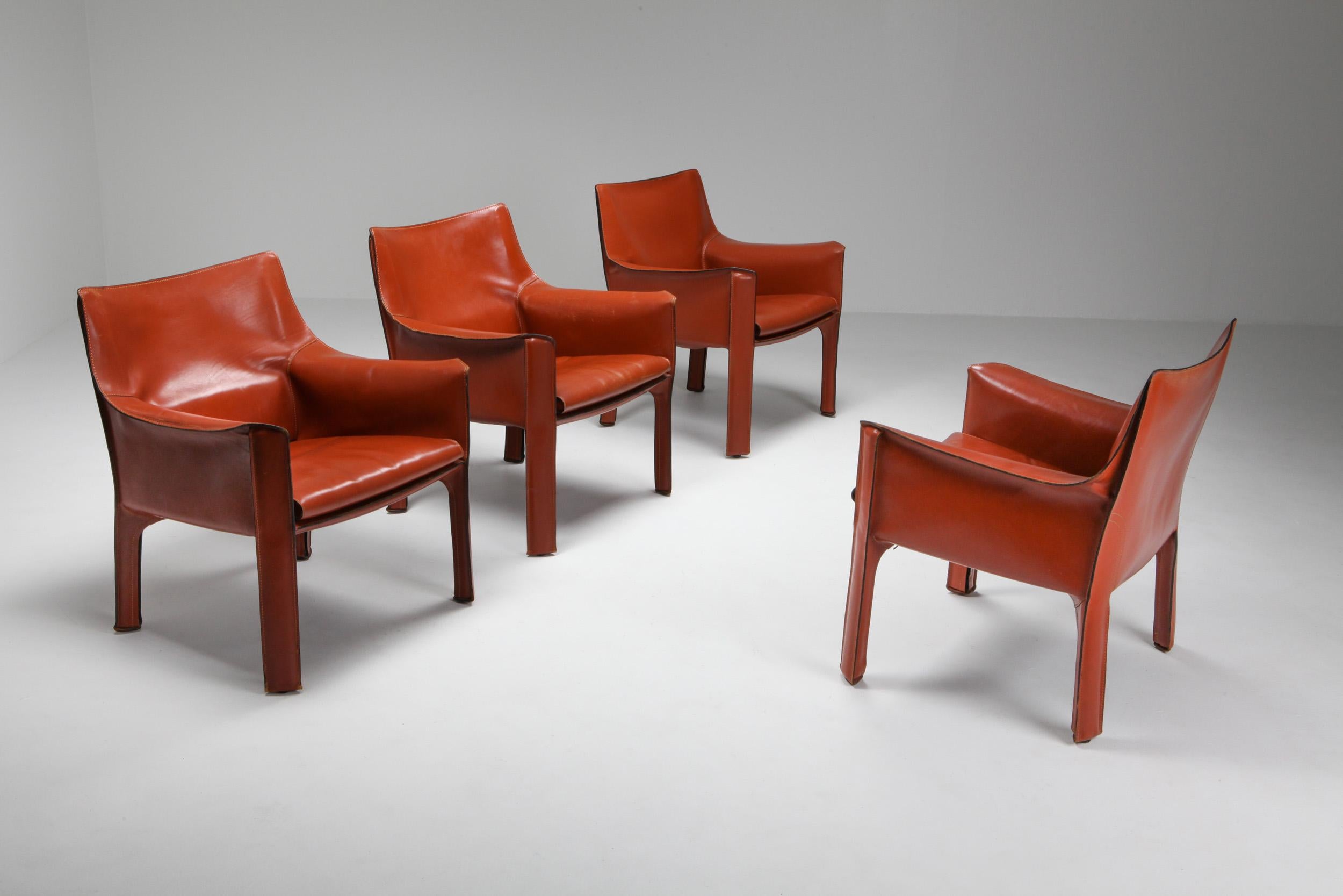 CAB 414 terracotta red easy chair, Mario Bellini, Cassina 1982; Armchair; Dining Chair; Italian Design; Italian classics; Side Chair; Leather chair

CAB Catalog I Contemporanei 
Year of production: 1982
Armchair and settee with enameled steel