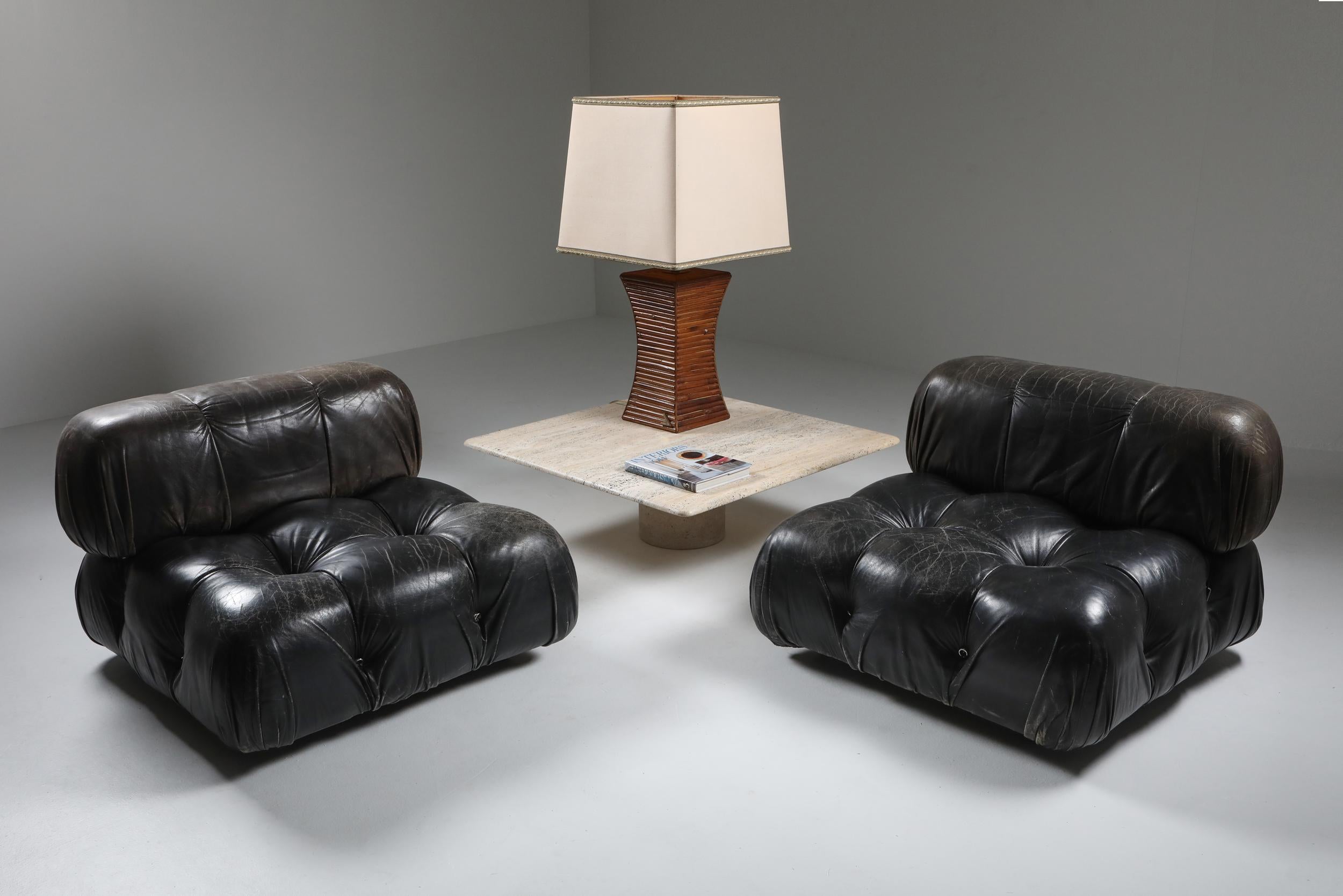 Camaleonda lounge chairs, Mario Bellini, black original leather, B&B Italia
 
This modular sofa was designed by Mario Bellini in 1971 and was manufactured first by C&B and later by B&B Italia. H is design became famous almost immediately after it