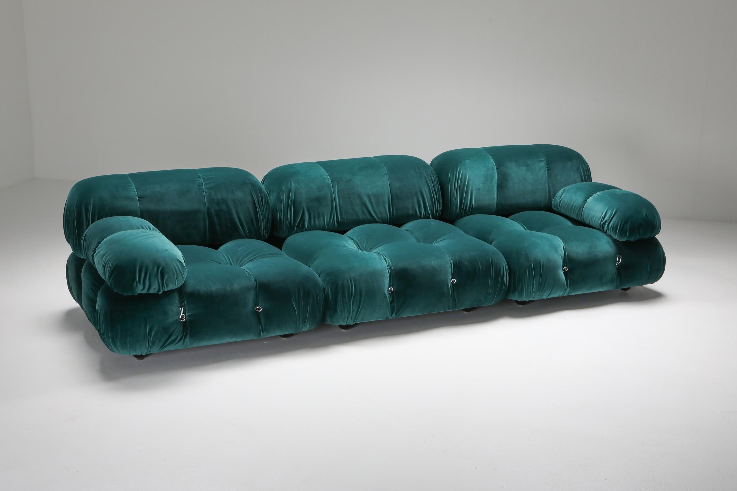 Camaleonda, original vintage, reupholstered in petrol blue velvet, B&B Italia

Modular Postmodern sectional couch
The entire sofa consists of 3 big seating elements and two armrests. The couch has been reupholstered in a petrol green velvet