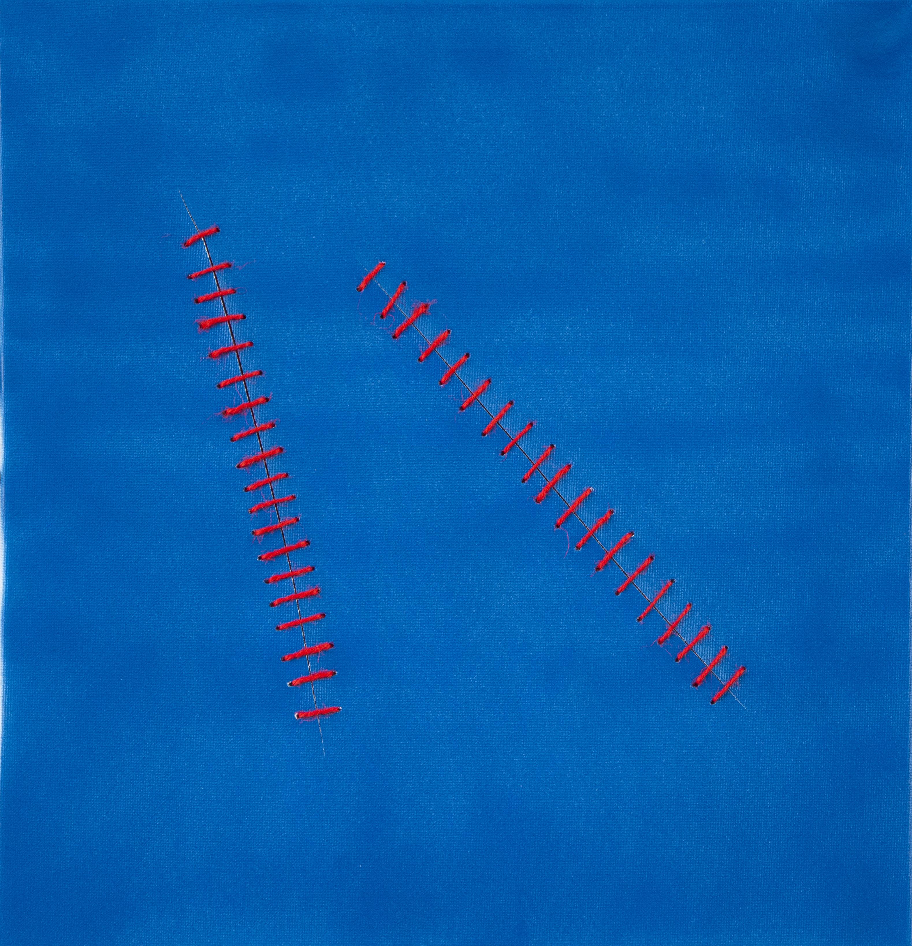 Peinture acrylique « Oblique Seams on Blue » de Mario Bigetti - 2020