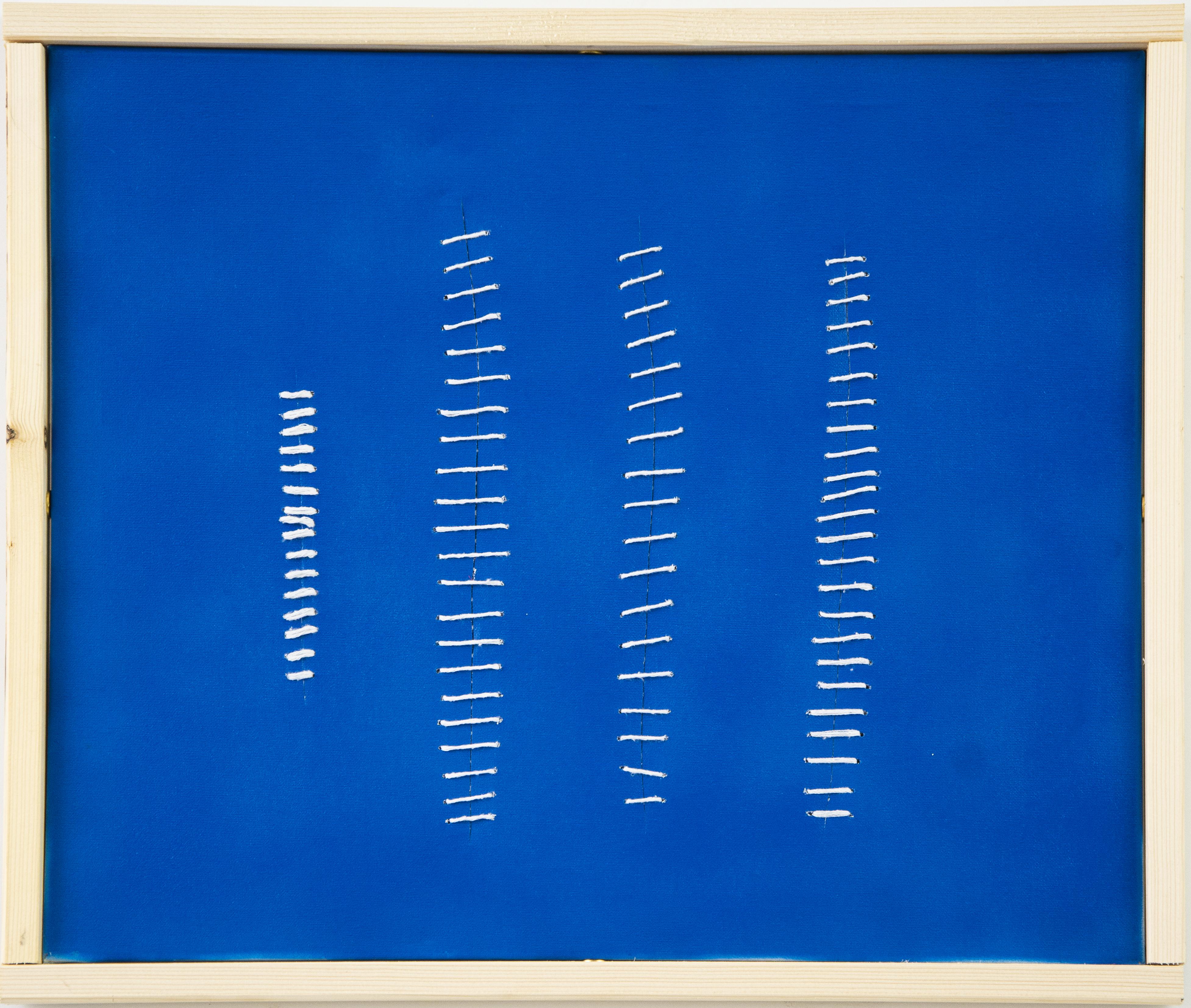 Seams on Blue is an original artwork realized by the Italian contemporary artist Mario Bigetti in 2020.

Mixed media: acrylic painting on canvas, twine, and seams.

Hand-signed and dated on the back.

A minimal wood frame is included 54.5 x 3 x 64