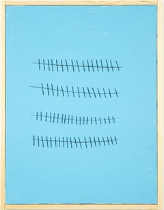 Costuras sobre azul cielo - Pintura acrílica de Mario Bigetti - 2020