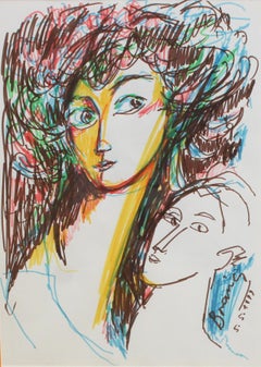 Paire de figures - Technique mixte sur papier - Signé et encadré - 1999