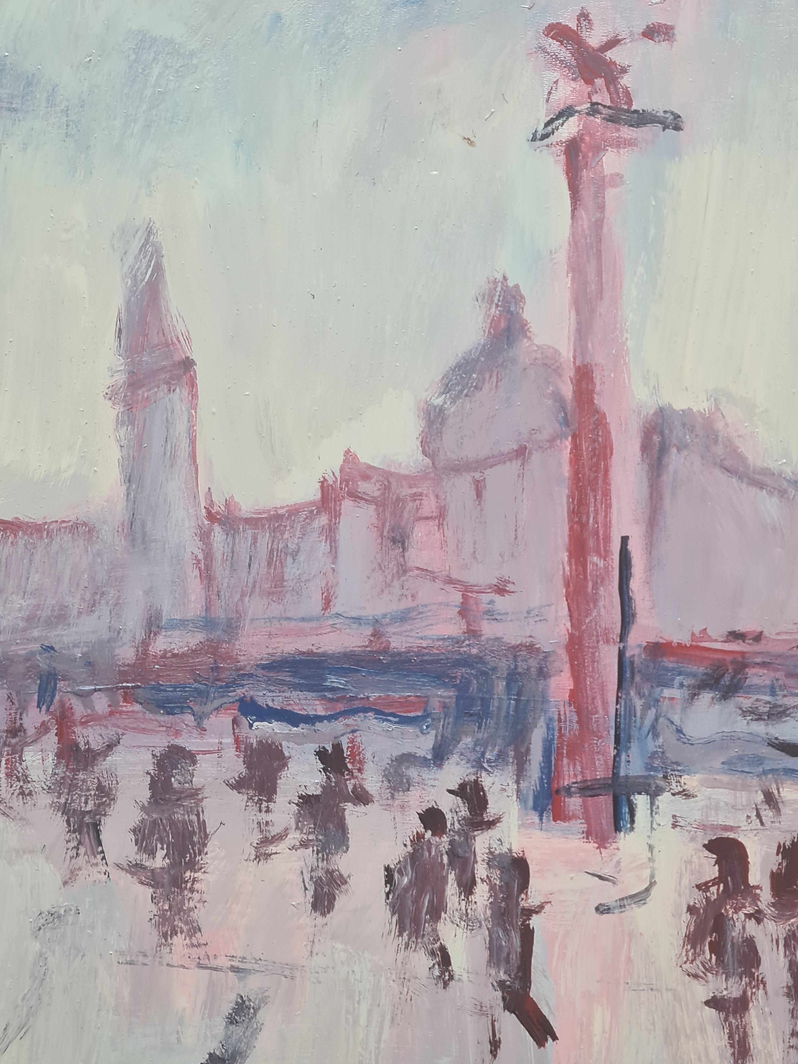 Die Piazza San Marco und der Dogenpalast, Venedig, Öl auf Karton, von Mario Bonamici. Das Gemälde ist unten rechts signiert und auf der Rückwand betitelt. Präsentiert in einem individuellen vergoldeten Rahmen. 

Ein charmanter und klassischer Blick