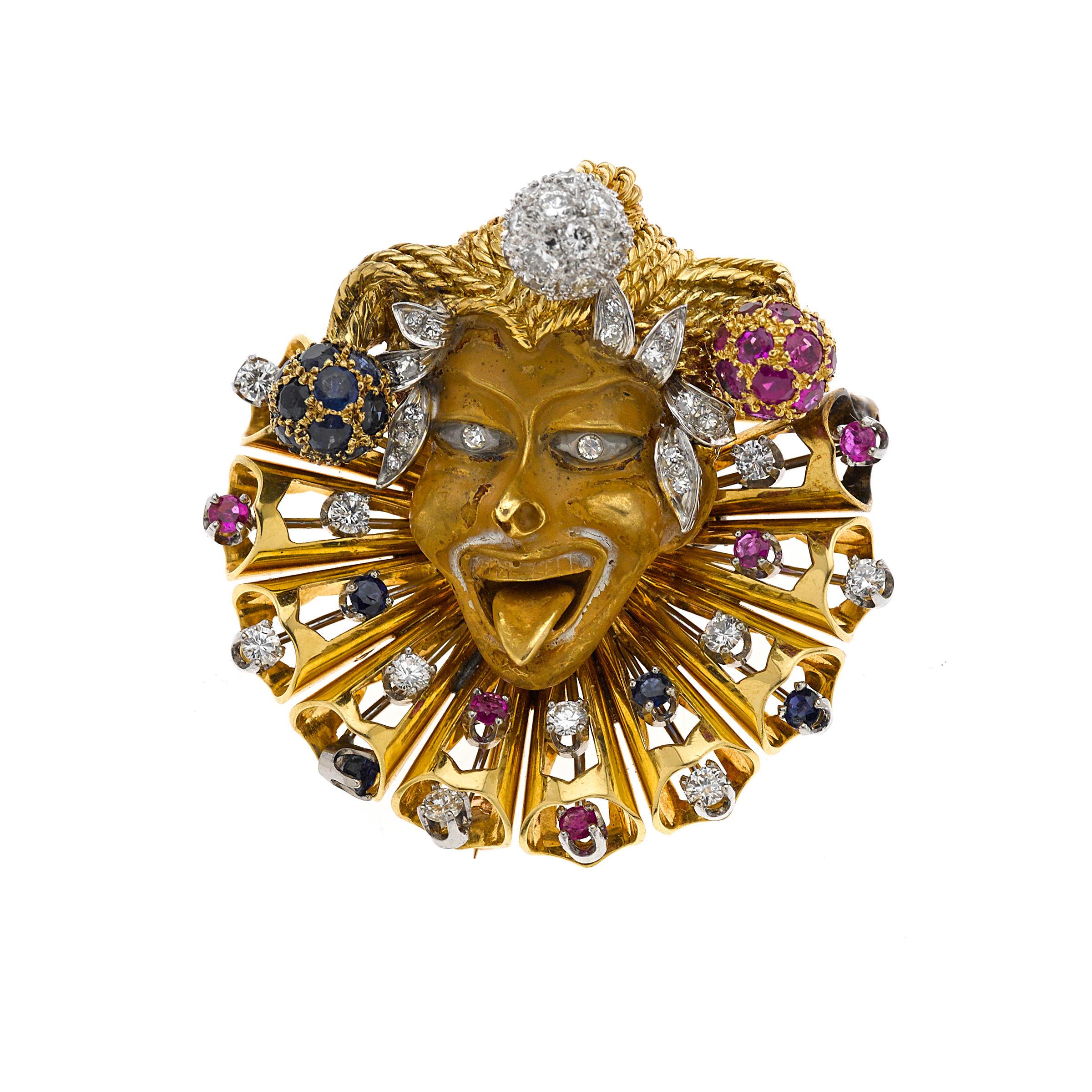 Modern Mario Boschi 18k Gold & Platinum Jester Pendant / Brooch, Diamond Ruby Sapphire For Sale