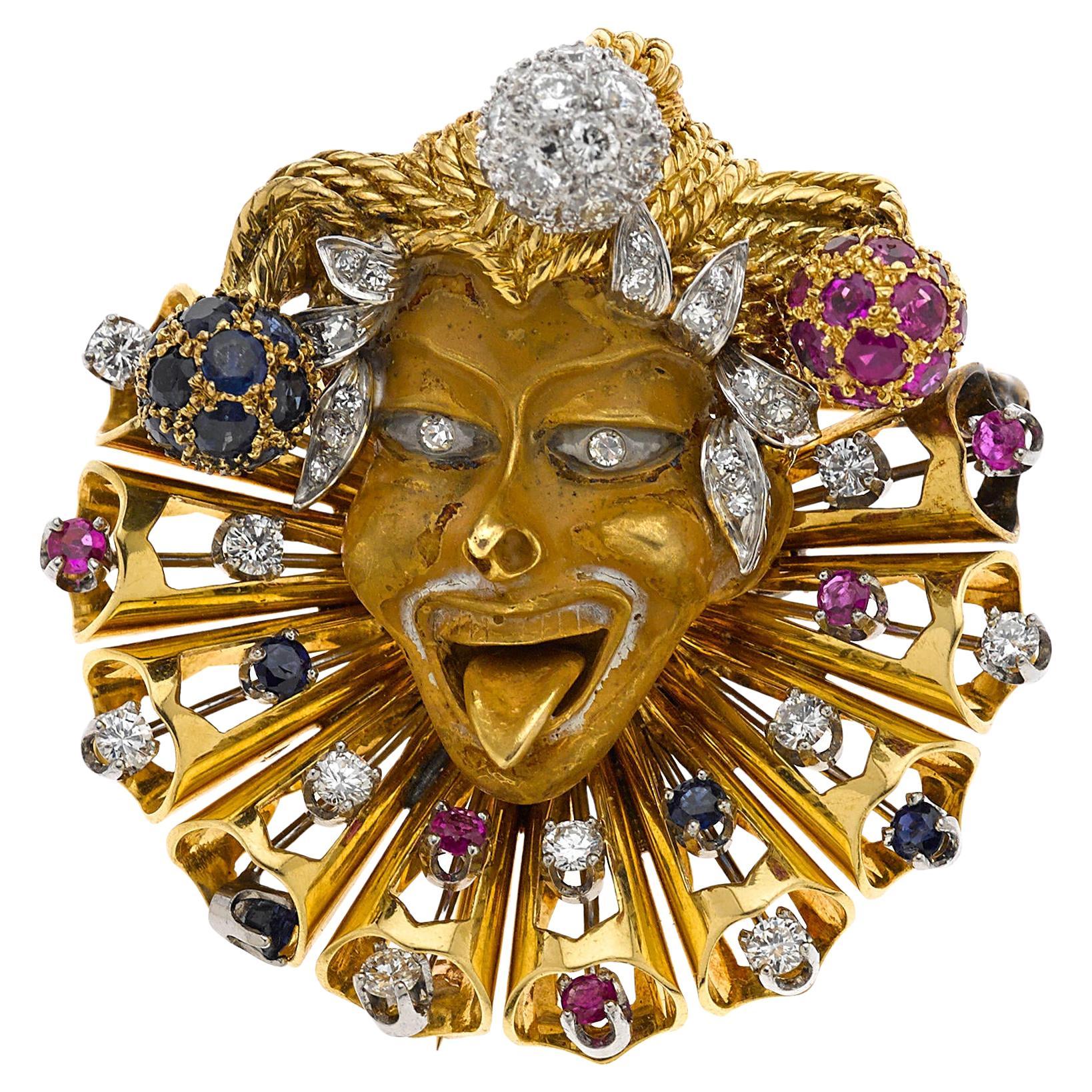 Mario Boschi 18k Gold & Platinum Jester Pendant / Brooch, Diamond Ruby Sapphire For Sale