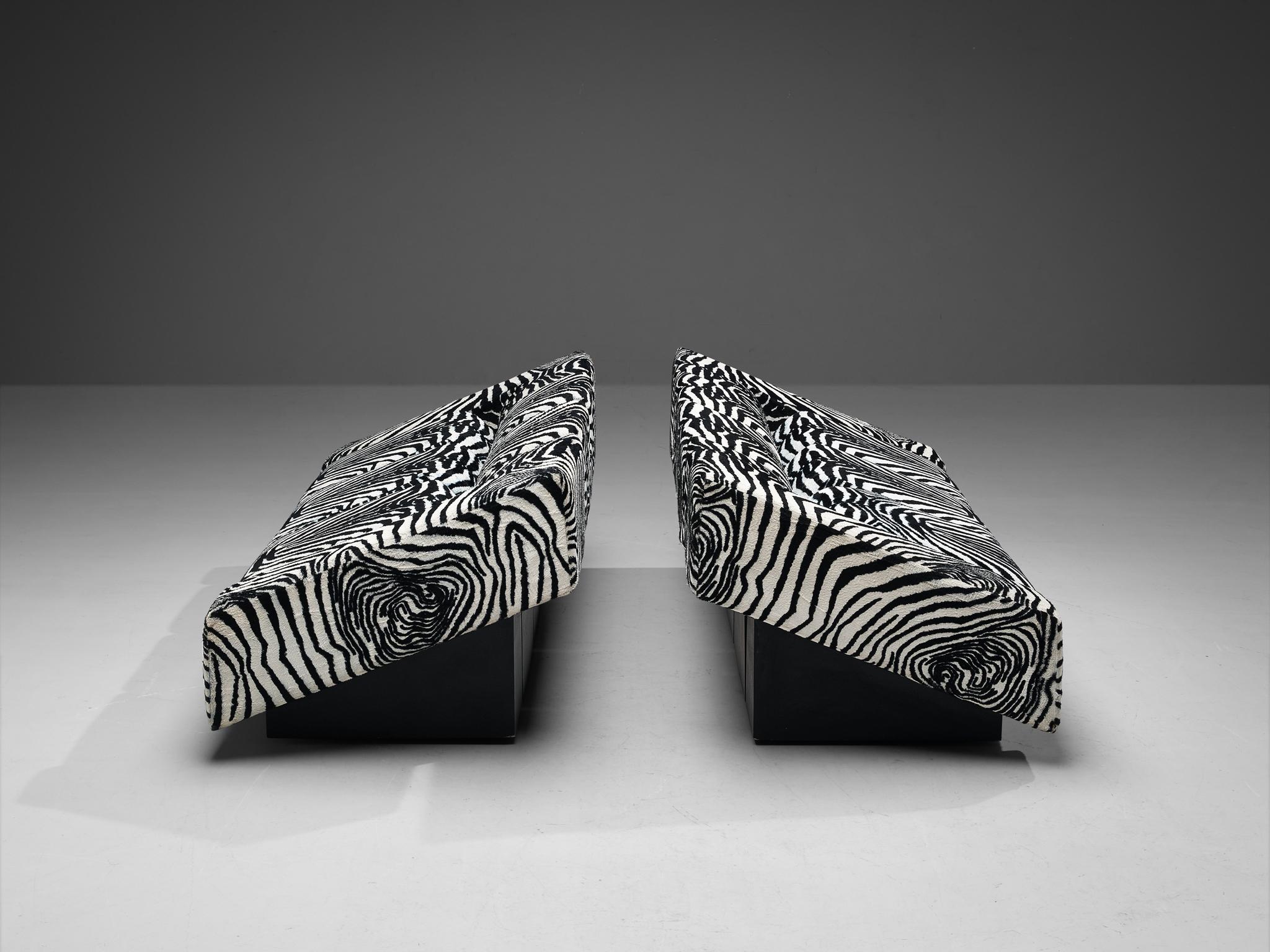 Italian Mario Botta for Alias Pair of 'Obliqua' Sofa's in Zebra Print Upholstery 