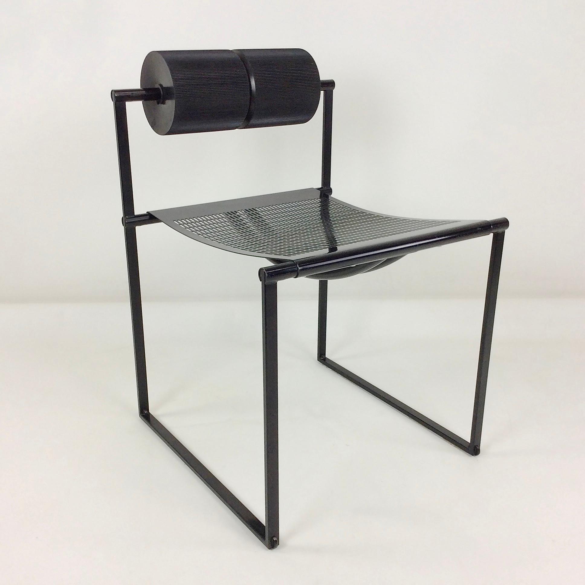 Mario Botta Prima chair by Alias, 1982, Italy.
Black enameled steel, polyurethane foam cylinder.
Dimensions: 71 cm H, 51 cm D, 48 cm W, seat height: 43 cm.
Good original condition.
All purchases are covered by our Buyer Protection