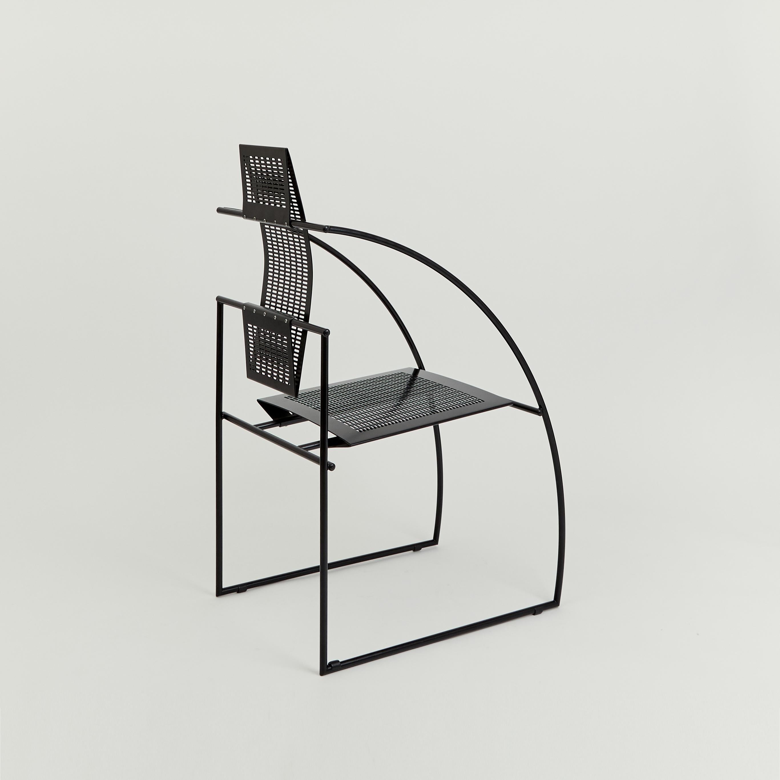 The iconic Quinta chair is constructed with a steel rod frame and folded perforated sheet-metal seat and back-rest. Designed in 1985, this iconic chair shows the influence of Botta's mentors including Le Corbusier, Louis Kahn and Carlo