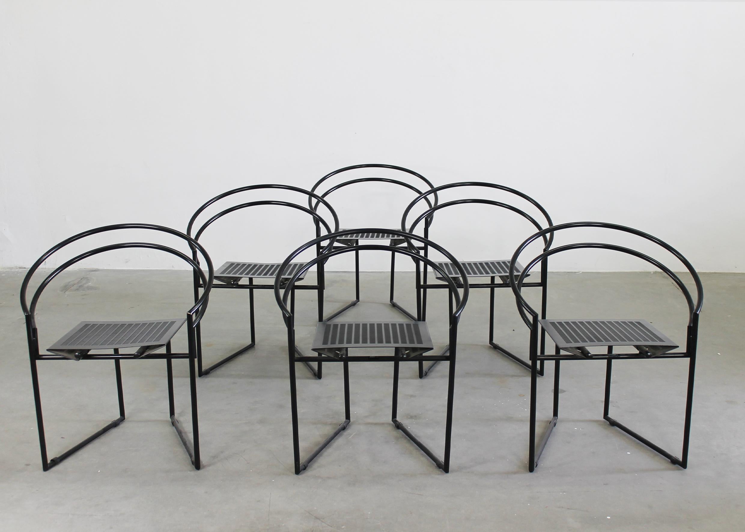 Italian Mario Botta Set of Six La Tonda Chairs in Black Lacquered Metal by Alias 1980s For Sale