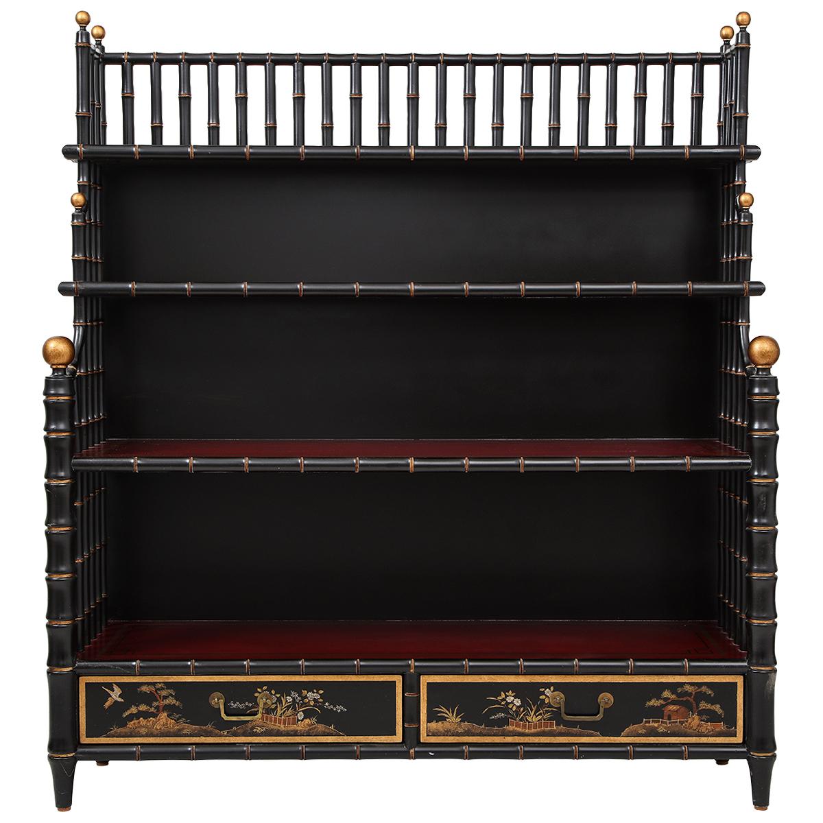 Mario Buatta Black Chinoiserie Waterfall Bookcase