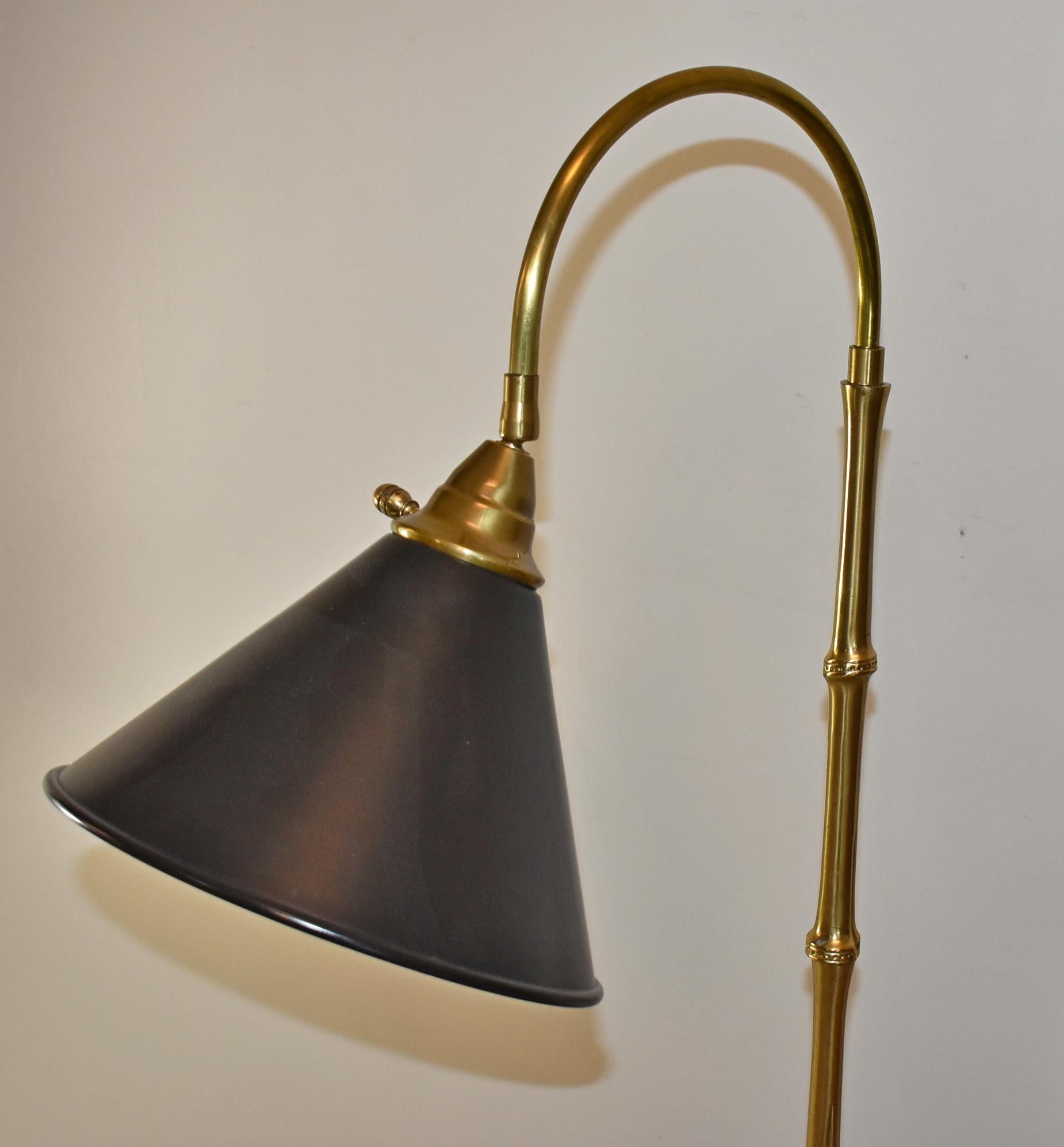 Vintage 1980s Mario Buatta for Frederick Cooper Faux Bamboo Brass and Enamel Shade Floor Lamp. Hollywood Regency Style. Brass lamps with weighted base and bamboo design stem. Black enamel metal shades that can be adjusted as shown in photos. Great