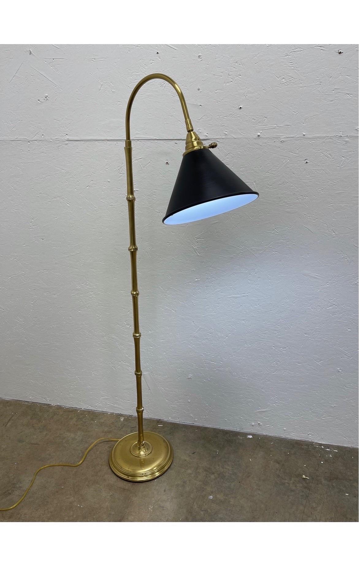 A vintage Mario Buatta for Frederick Cooper faux bamboo brass floor lamp with black tole and enamel shade. Marked to interior of shade. Professionally rewired.
Base measure 10.5”
Shade 10”.