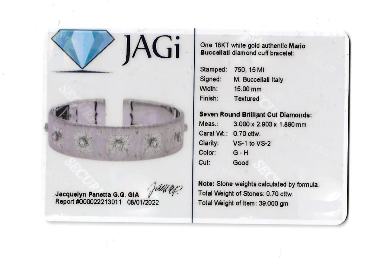 Mario Buccellati 18 Karat Rigato Finish White Gold and Diamond Cuff Bracelet For Sale 11