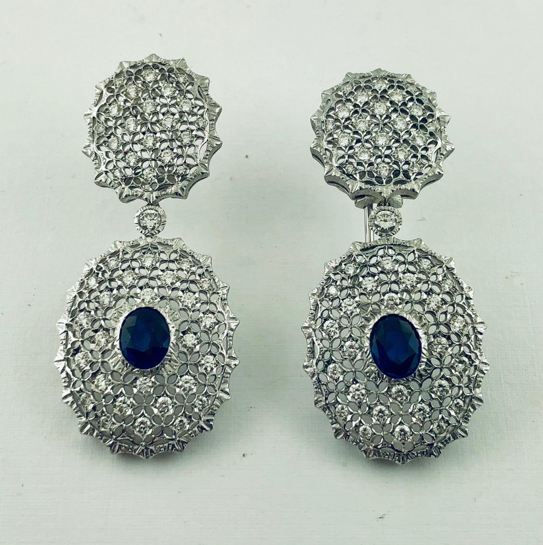 Mario Buccellati 18 karat White Gold Diamond and Sapphire Drop Earrings 
Stamped 