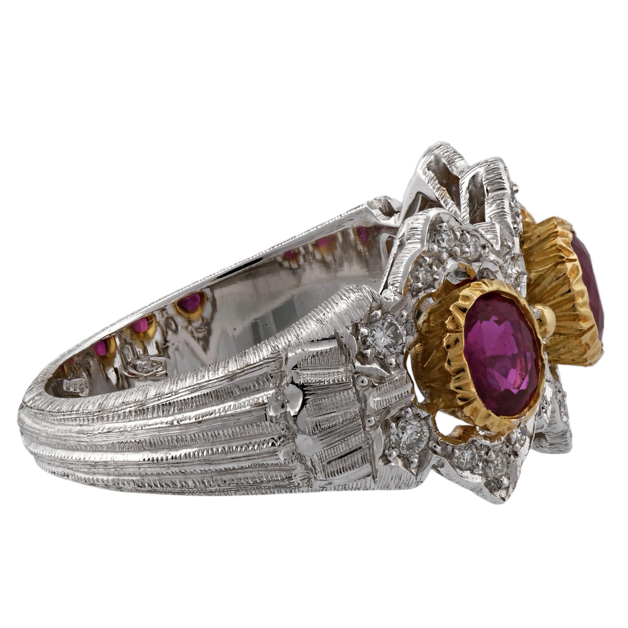 Mario Buccellati 18 Karat Yellow and White Gold Diamond Ruby Ring In New Condition In New York, NY