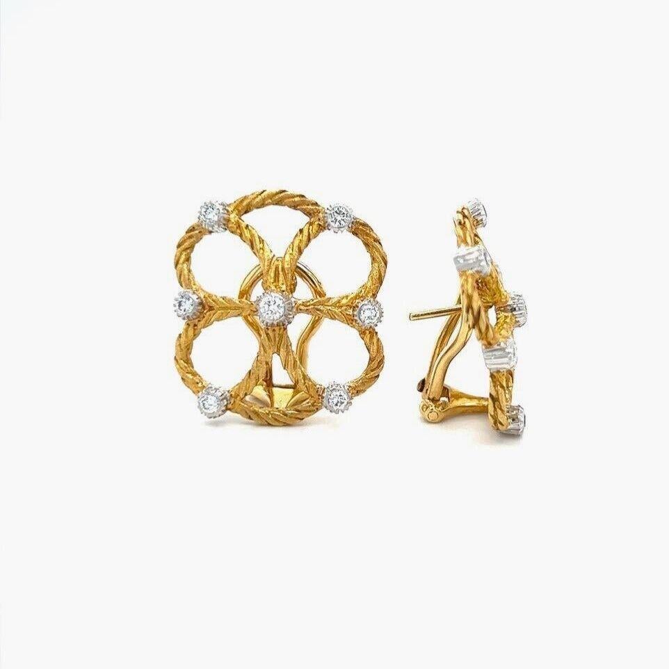 Mario Buccellati 18k Yellow Gold Diamond Quatrefoil Rope Earrings Italy

Condition:  Excellent Condition, Professionally Cleaned and Polished
Metal:  18k Gold (Marked, and Professionally Tested)
Weight:  9.7g
Diamonds:  Round Brilliant Diamonds