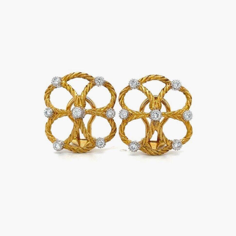Mario Buccellati 18 Karat Yellow Gold Diamond Quatrefoil Rope Earrings, Italy 2
