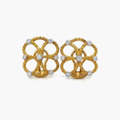Mario Buccellati 18 Karat Yellow Gold Diamond Quatrefoil Rope Earrings, Italy