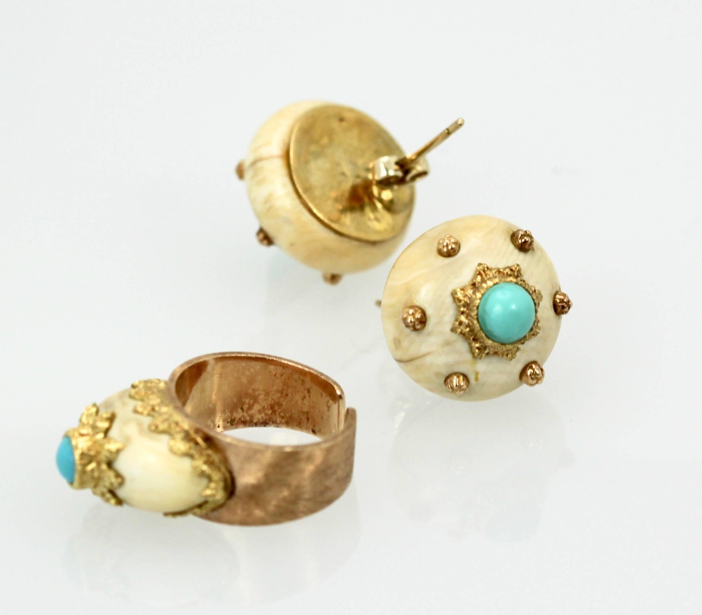 Round Cut Mario Buccellati 18 Karat Textured Brushed Gold Earrings Turquoise