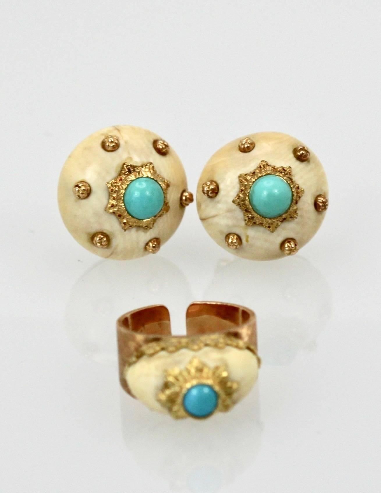 Mario Buccellati 18 Karat Textured Brushed Gold Earrings Turquoise In Good Condition In North Hollywood, CA