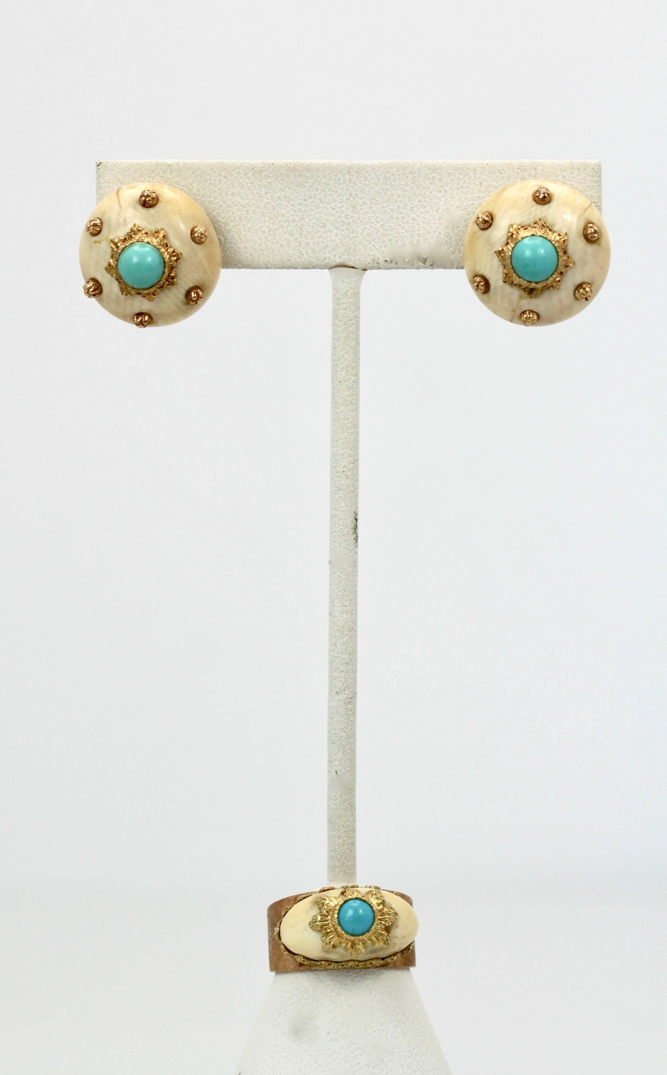 Women's or Men's Mario Buccellati 18 Karat Textured Brushed Gold Earrings Turquoise