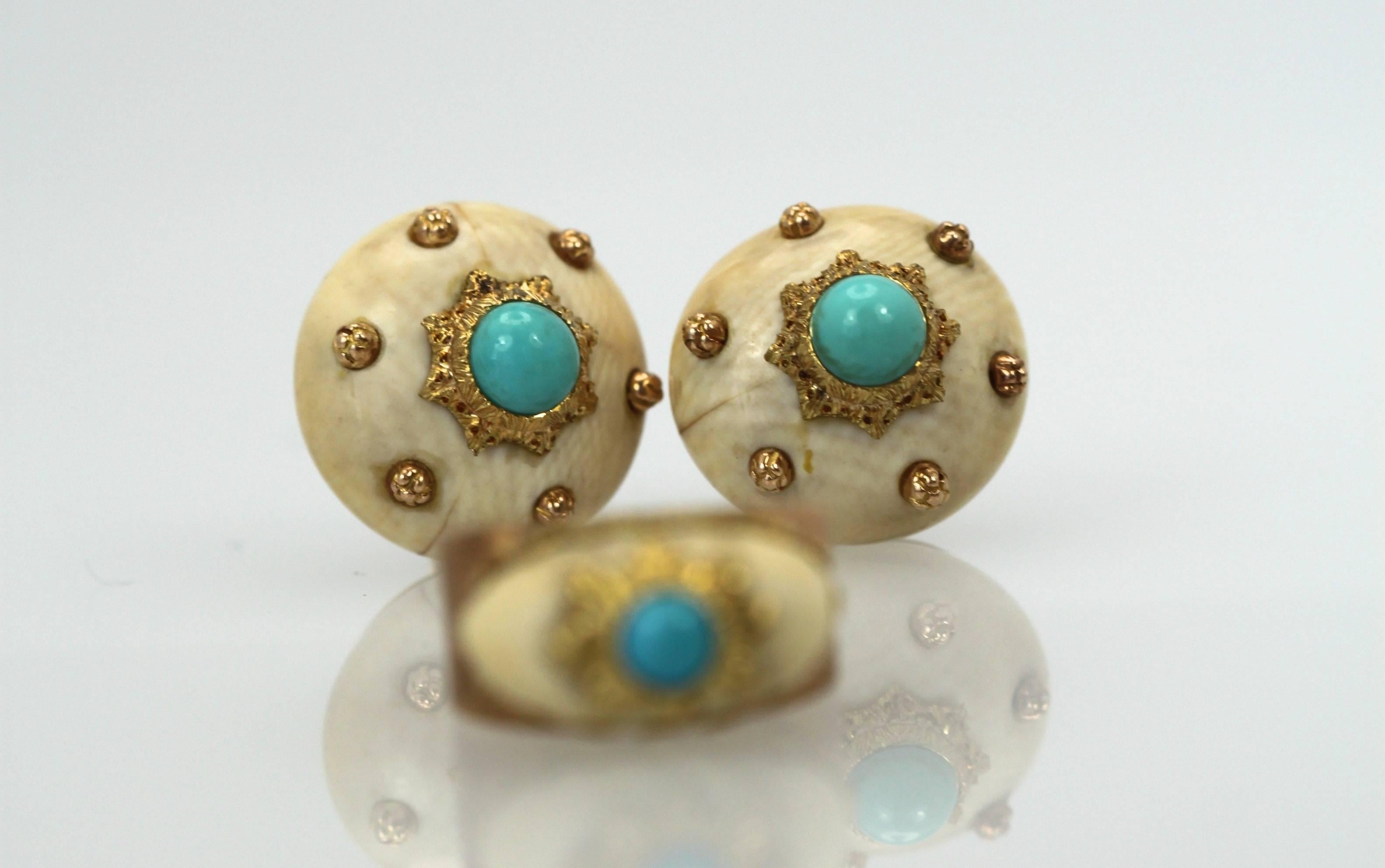 Mario Buccellati 18 Karat Textured Brushed Gold Earrings Turquoise 2