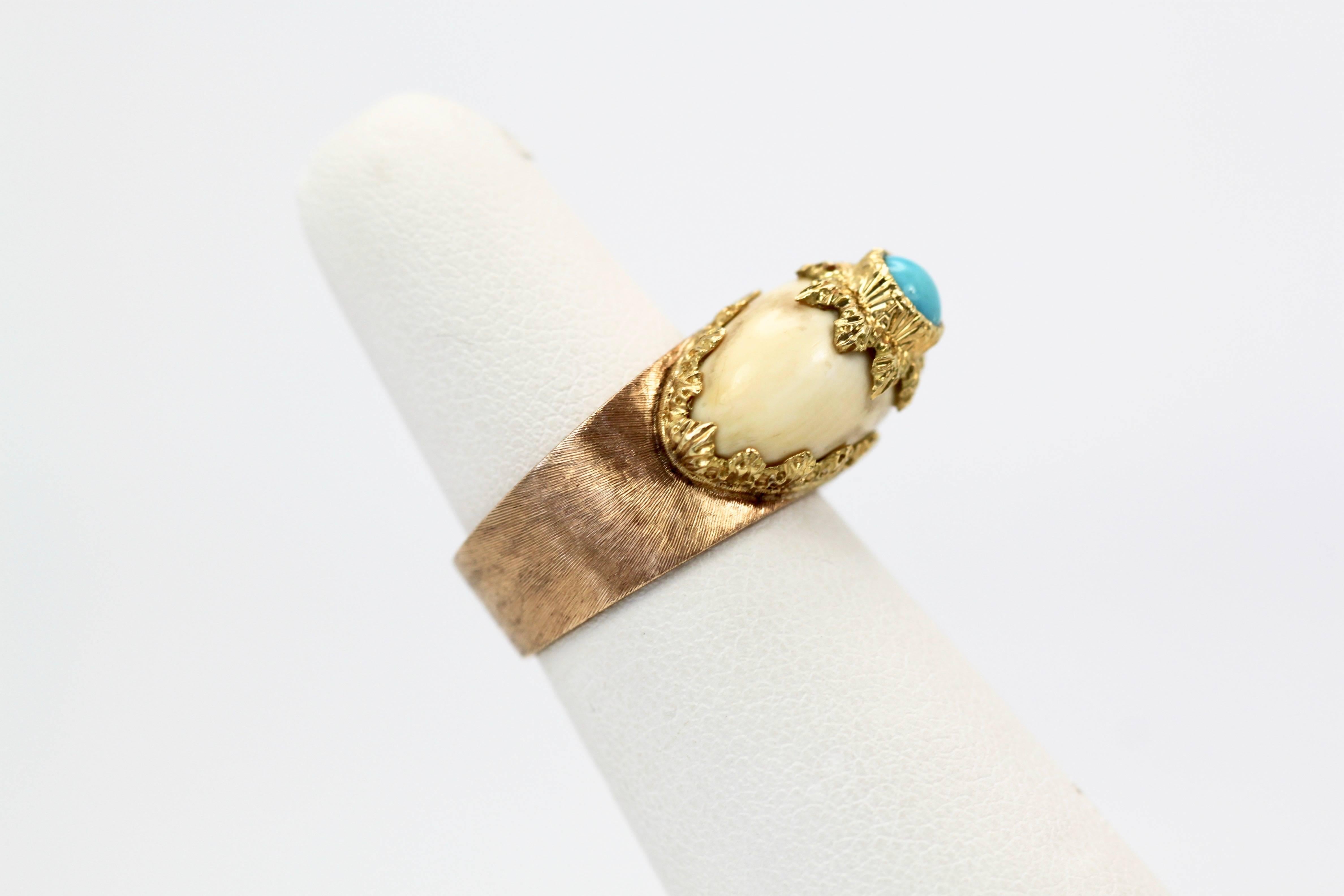 Artisan Mario Buccellati Bague en or brossé texturé 18 carats et turquoise en vente
