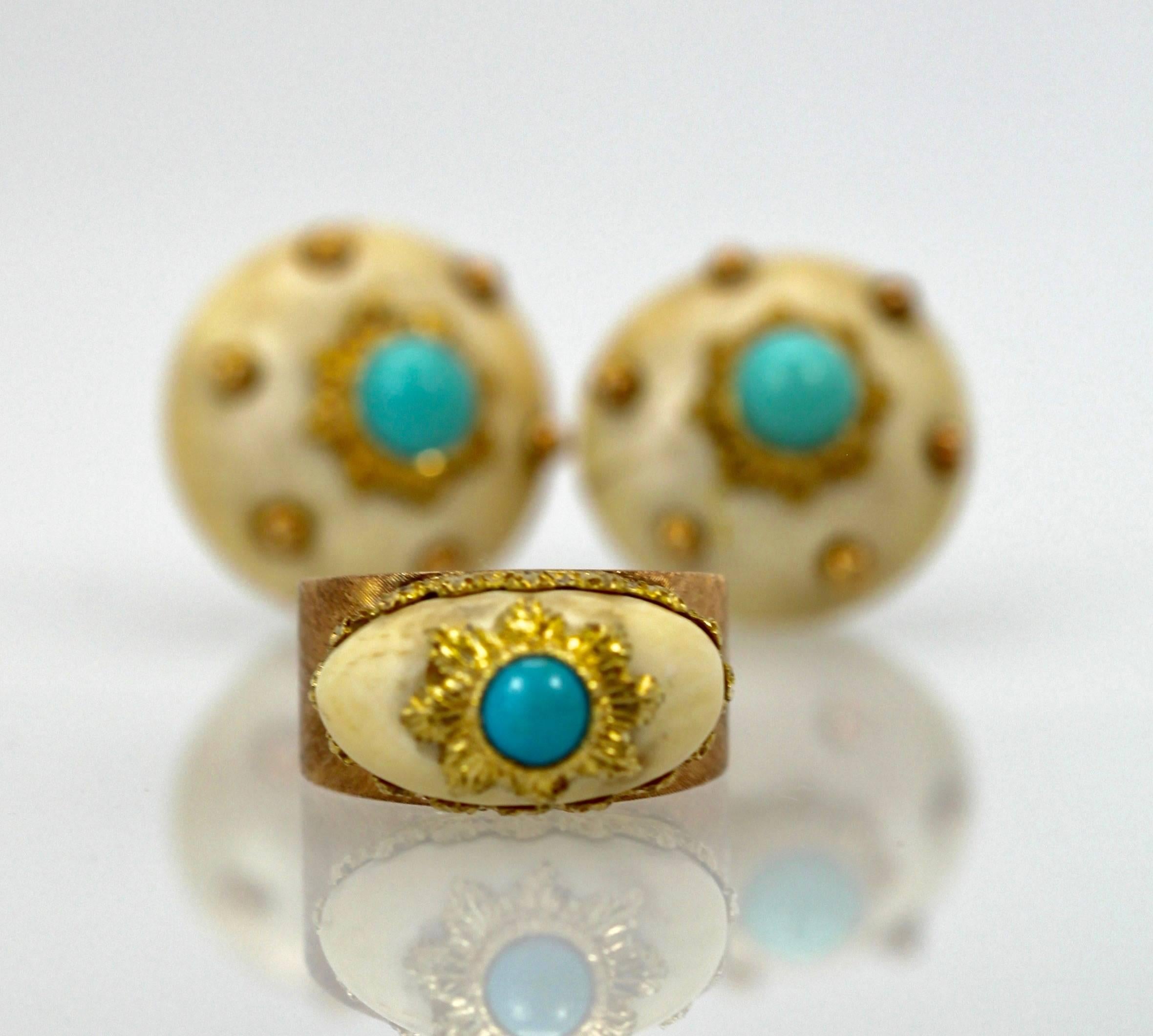 Women's or Men's Mario Buccellati 18 Karat Textured Brushed Gold Ring Turquoise For Sale