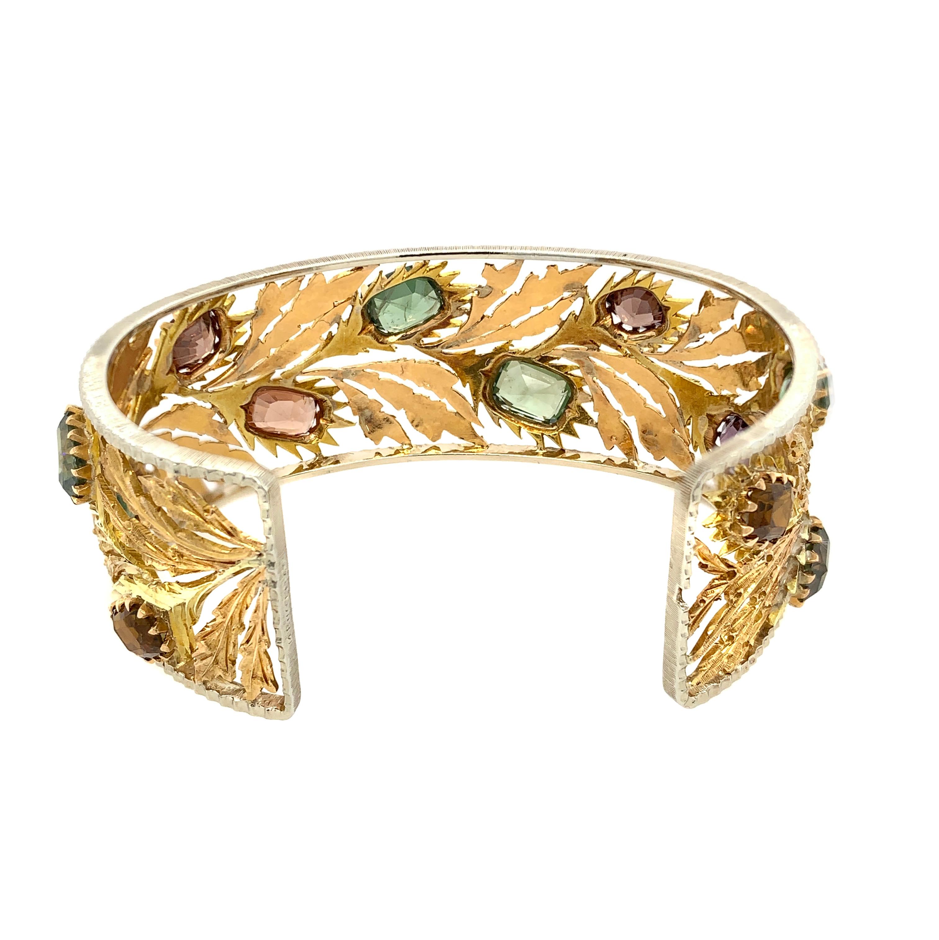 Mario Buccellati 18 Karat Yellow Gold Multicolored Gemstones Leaf Bracelet In Excellent Condition In New York, NY