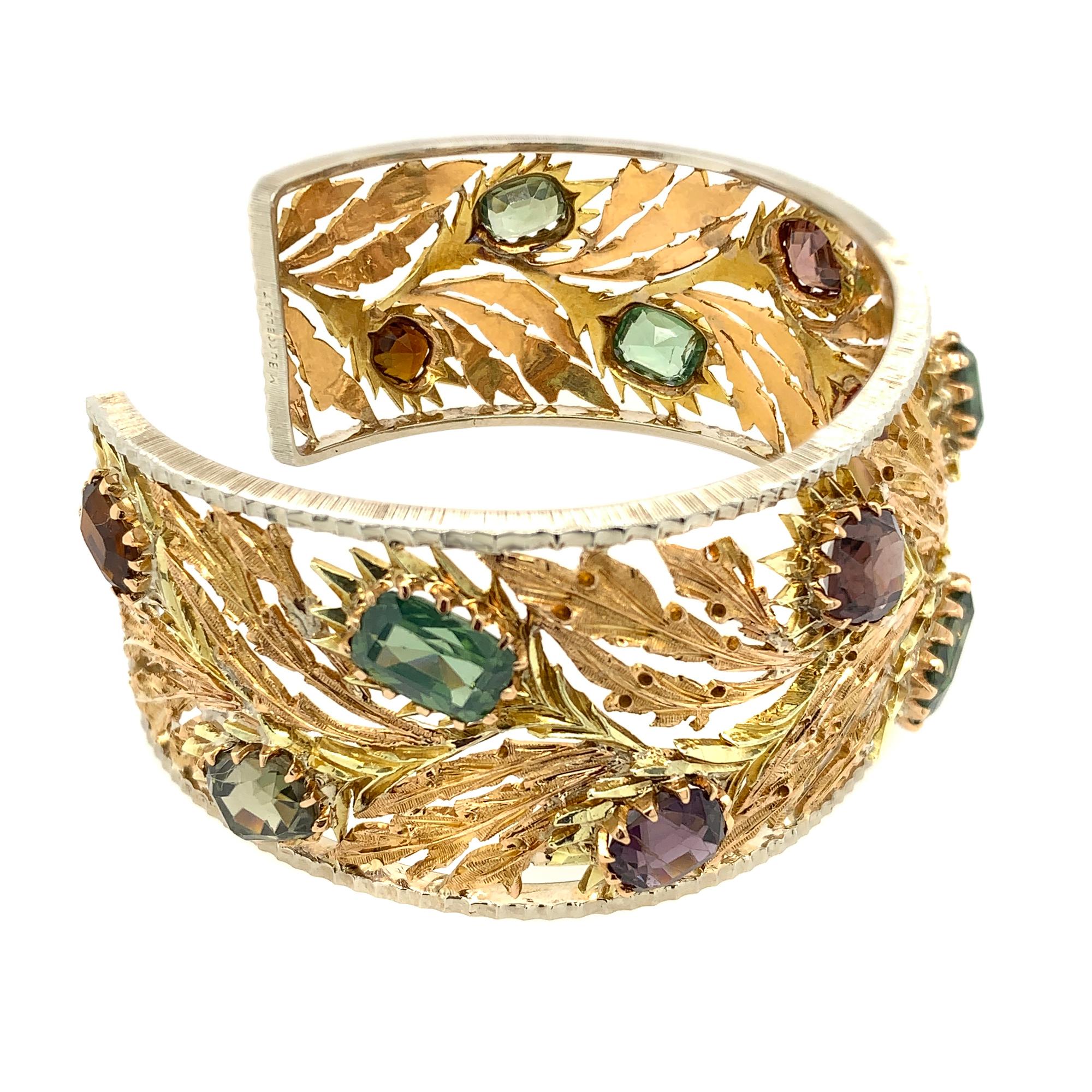 Women's Mario Buccellati 18 Karat Yellow Gold Multicolored Gemstones Leaf Bracelet