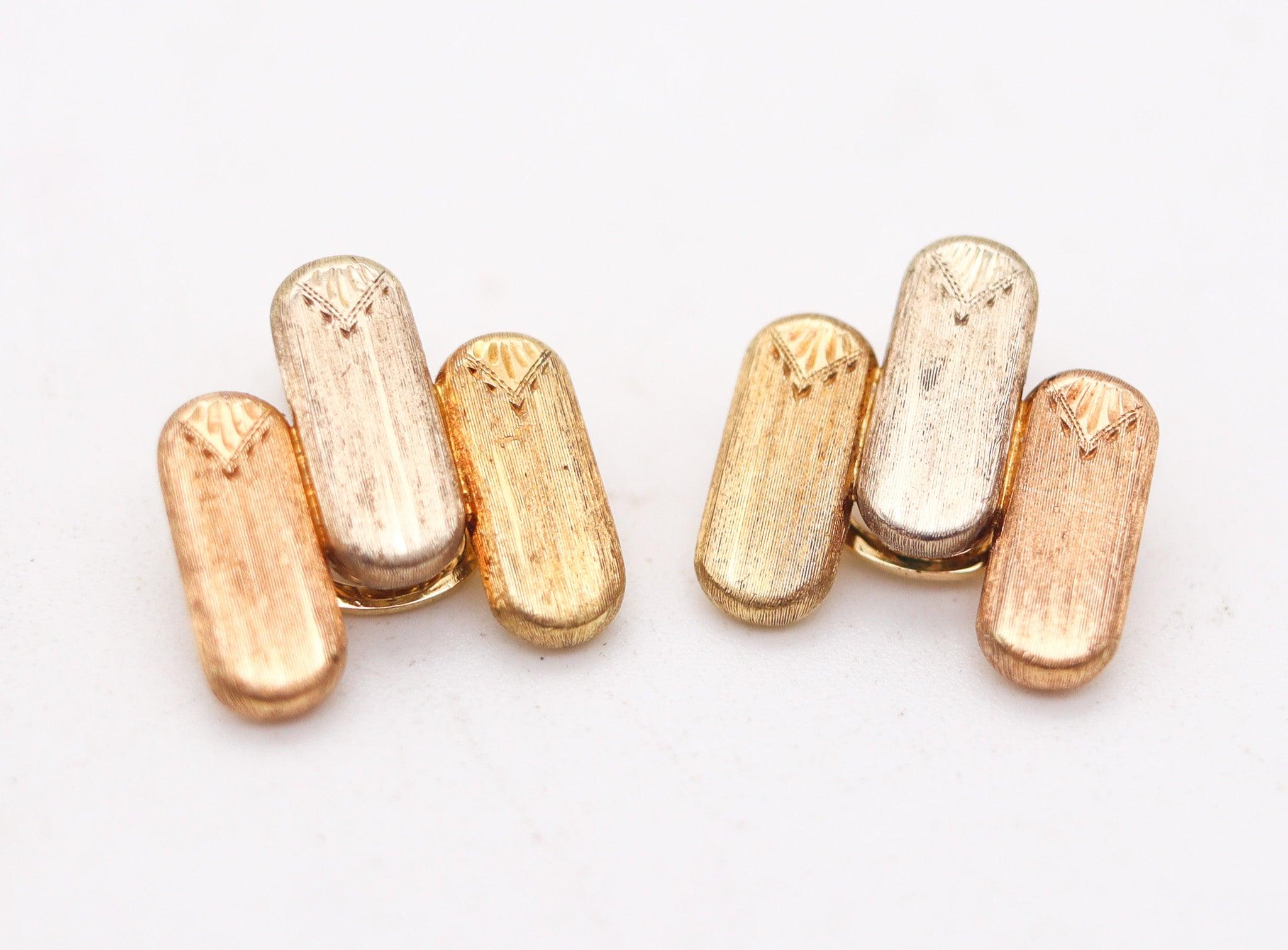 Baroque Revival MARIO BUCCELLATI 1965 Three Tones Clips-On Earrings In Solid Incised 18Kt Gold For Sale