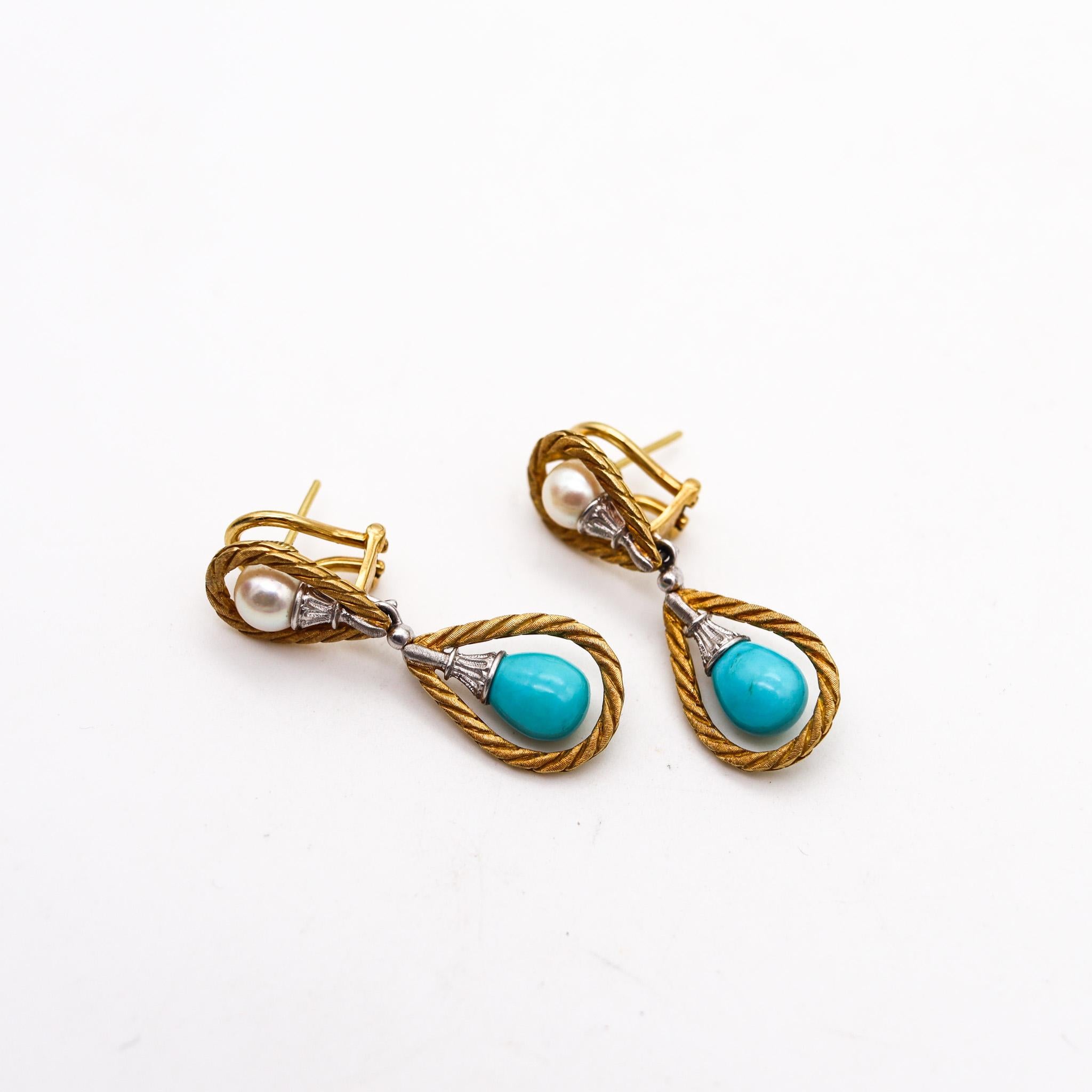 Baroque Revival Mario Buccellati 1970 Dangle Earrings In 18Kt Gold With Turquoises and Pearls For Sale