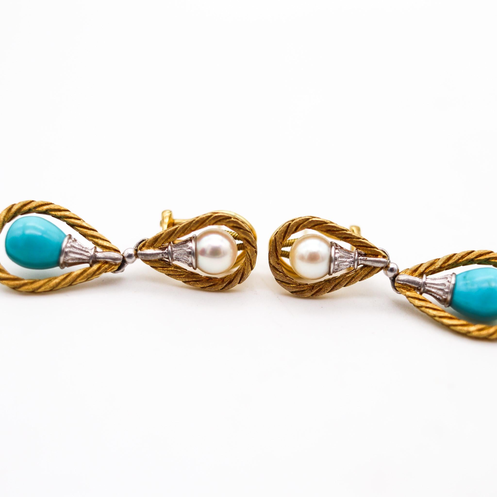 Briolette Cut Mario Buccellati 1970 Dangle Earrings In 18Kt Gold With Turquoises and Pearls For Sale