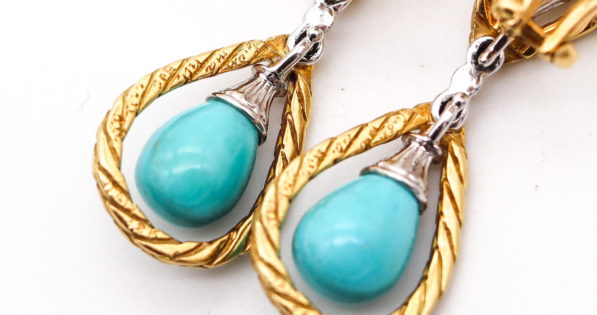 Women's Mario Buccellati 1970 Dangle Earrings In 18Kt Gold With Turquoises and Pearls For Sale