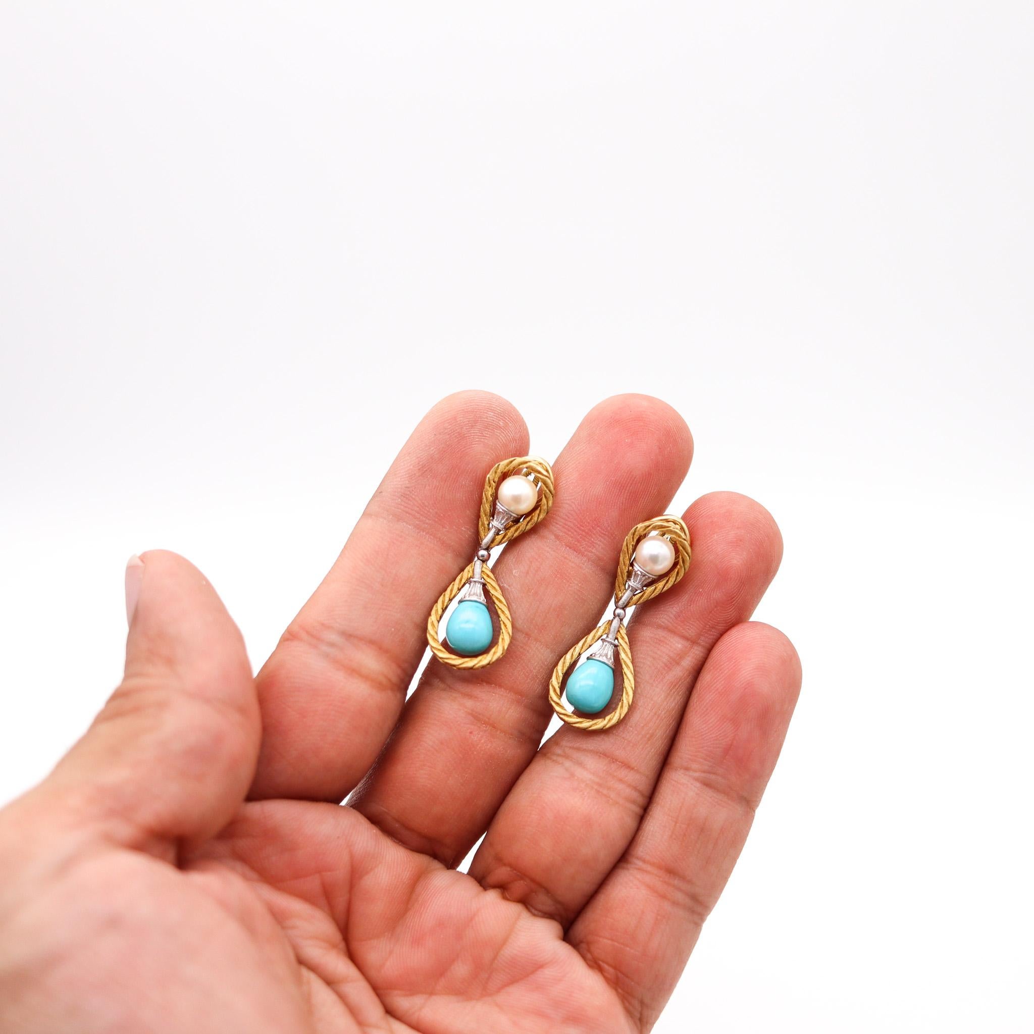 Mario Buccellati 1970 Dangle Earrings In 18Kt Gold With Turquoises and Pearls For Sale 1