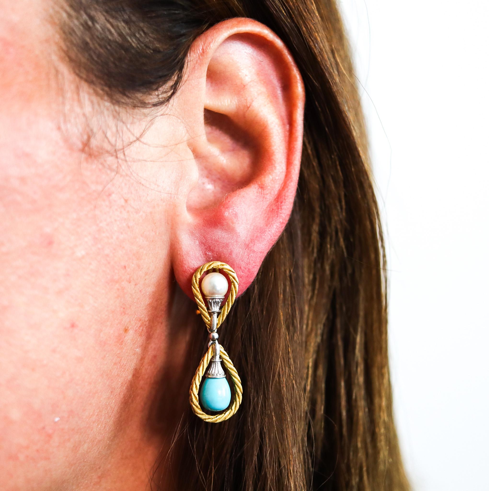 Mario Buccellati 1970 Dangle Earrings In 18Kt Gold With Turquoises and Pearls For Sale 2
