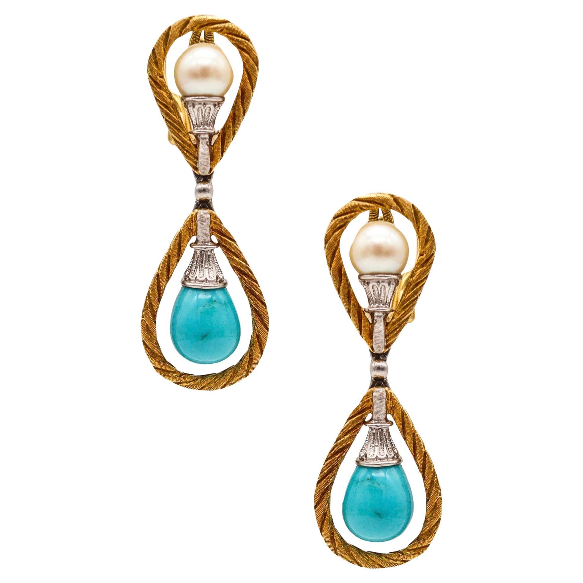 Mario Buccellati 1970 Dangle Earrings In 18Kt Gold With Turquoises and Pearls For Sale