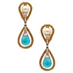 Mario Buccellati 1970 Dangle Earrings In 18Kt Gold With Turquoises and Pearls