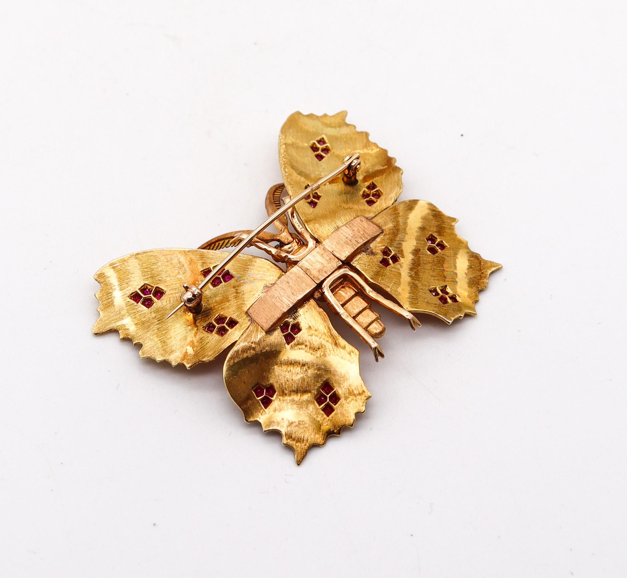 Baroque Revival Mario Buccellati 1970 Milan Butterfly Brooch In 18Kt Yellow Gold With Red Rubies