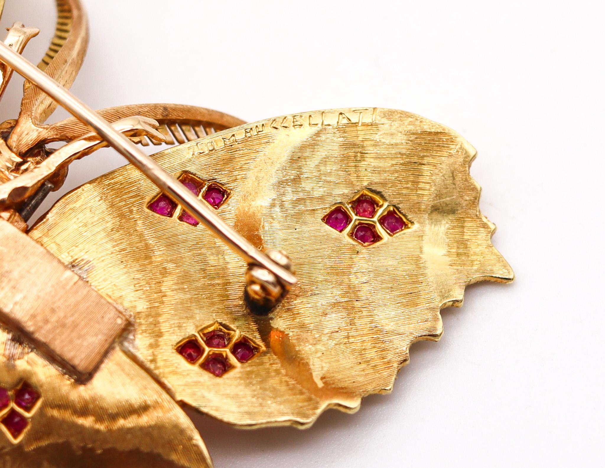 Round Cut Mario Buccellati 1970 Milan Butterfly Brooch In 18Kt Yellow Gold With Red Rubies