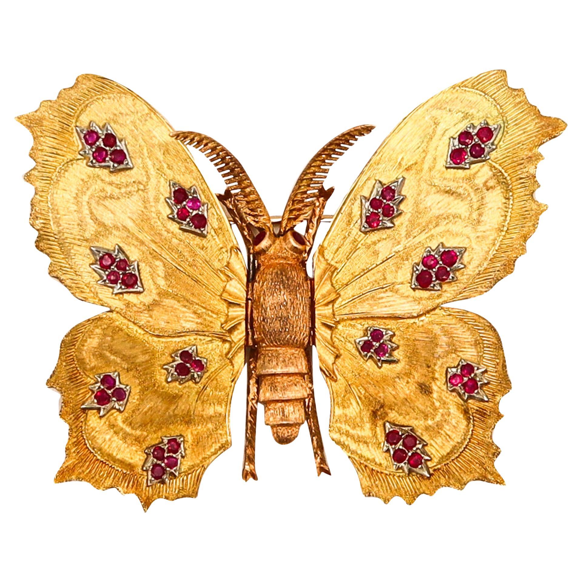 Mario Buccellati 1970 Milan Butterfly Brooch In 18Kt Yellow Gold With Red Rubies